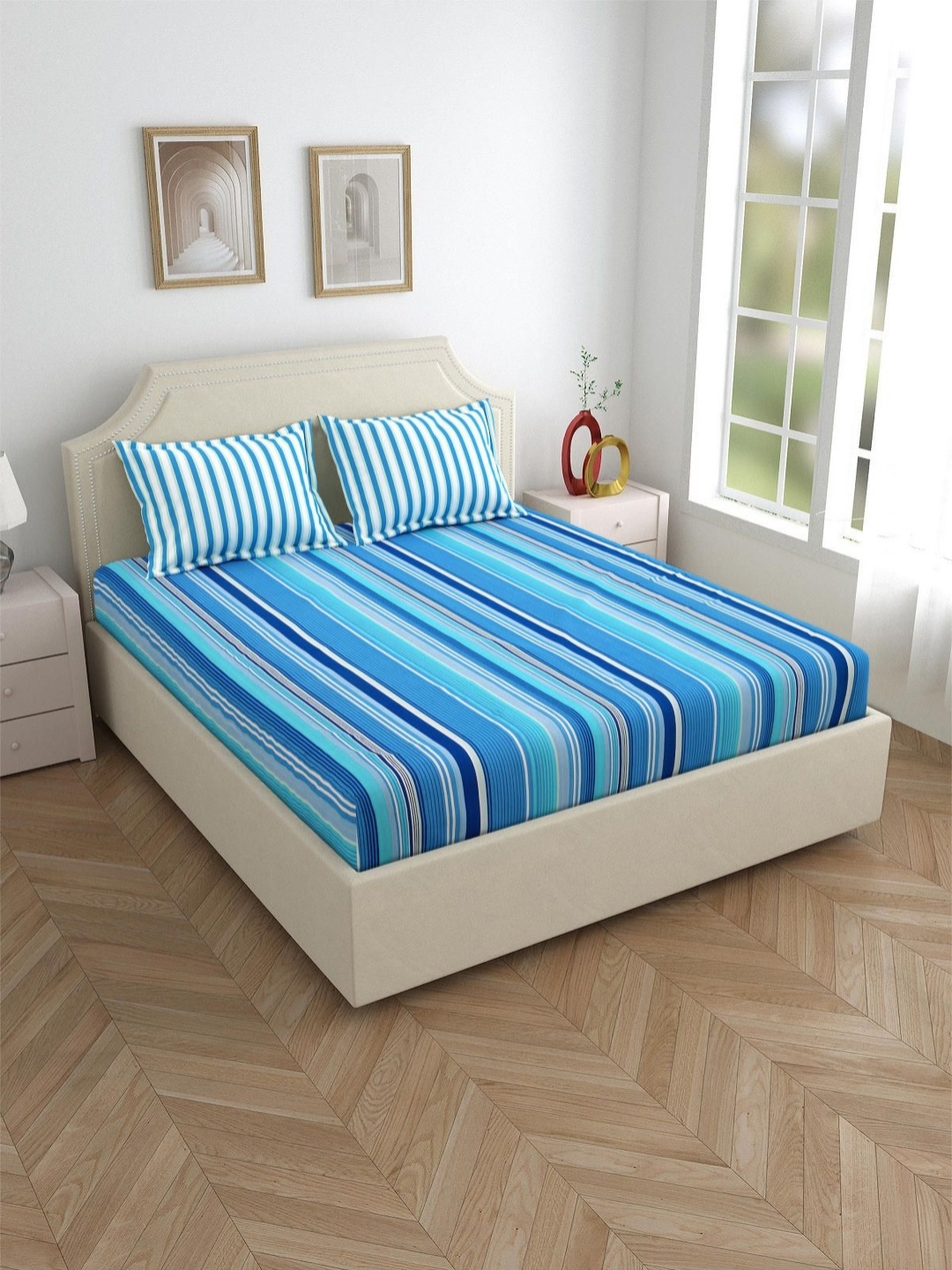 

Salona Bichona Blue & White Striped 120 TC King Bedsheet with 2 Pillow Covers