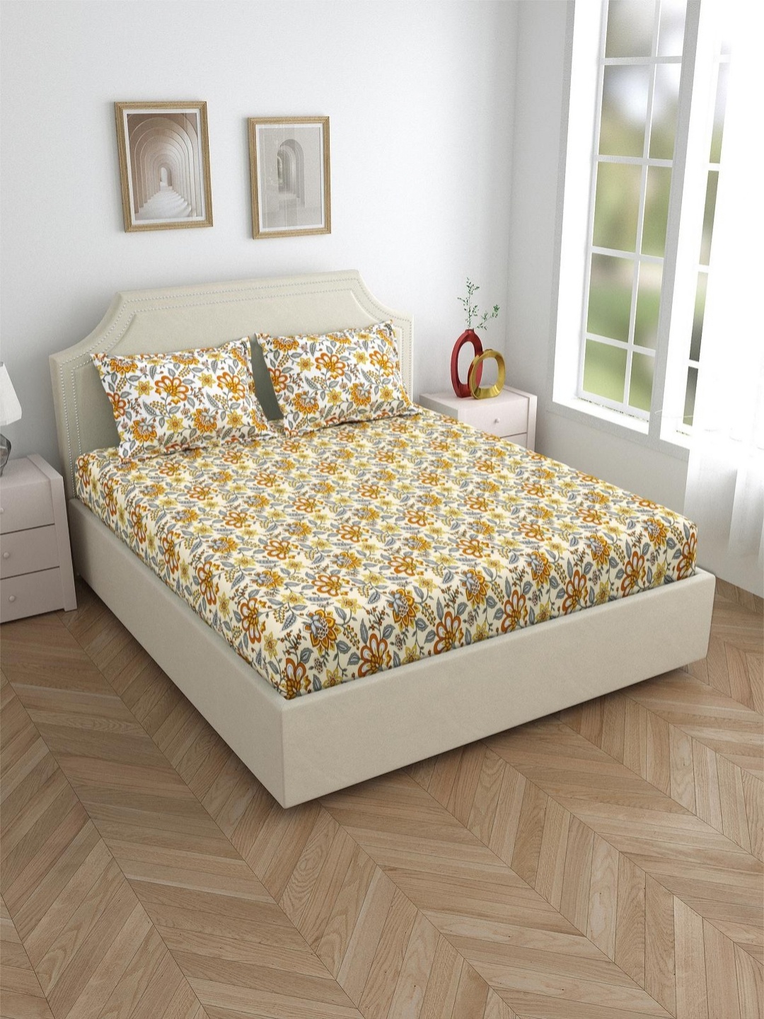

Salona Bichona Mustard & Grey Floral 120 TC Queen Bedsheet with 2 Pillow Covers