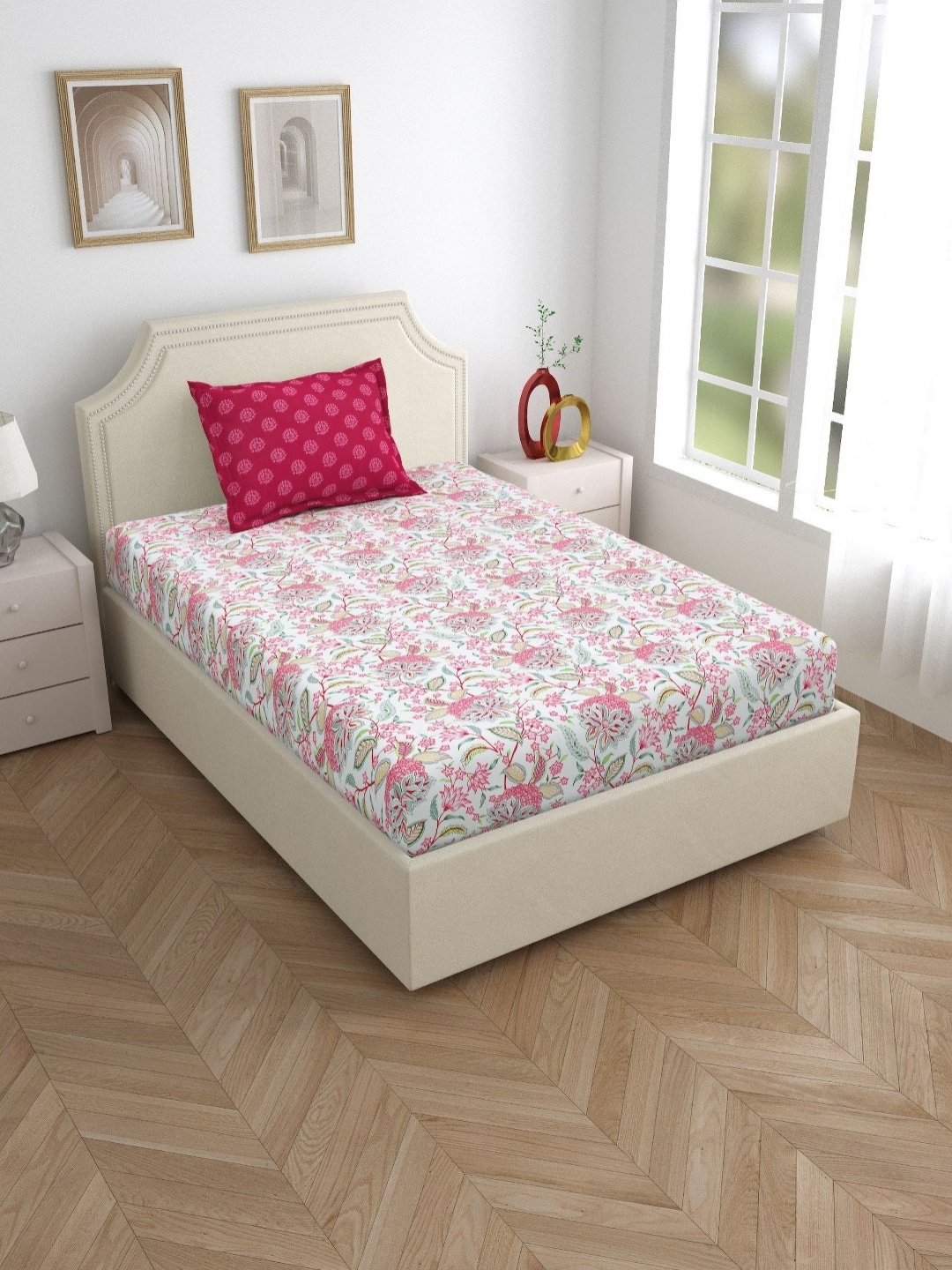 

Salona Bichona Pink & White Floral 120 TC Single Bedsheet with 1 Pillow Covers
