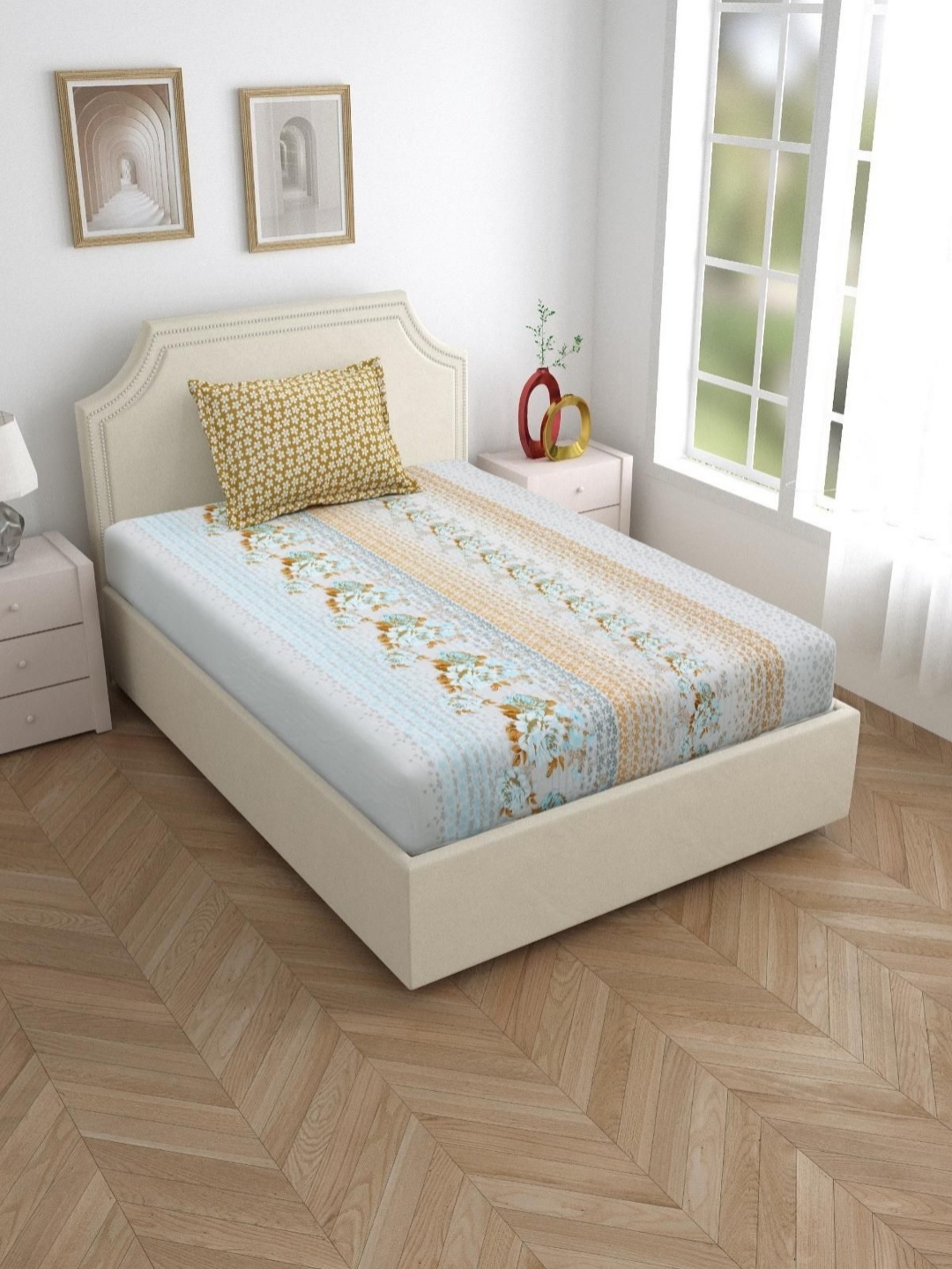 

Salona Bichona Blue & Green Floral Pure Cotton 120 TC Single Bedsheet with 1 Pillow Covers