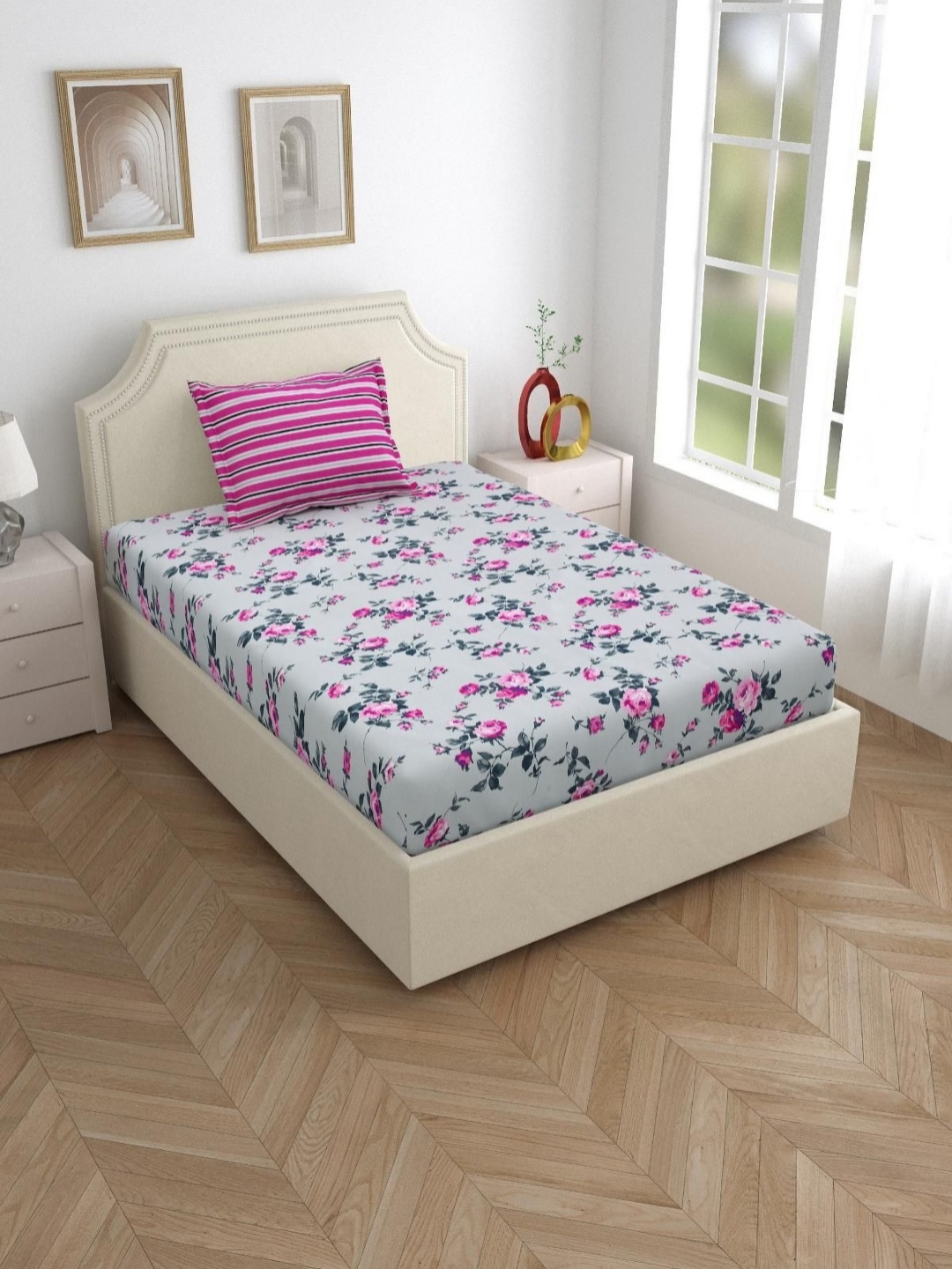 

Salona Bichona Pink & White Floral Pure Cotton 120 TC Single Bedsheet with 1 Pillow Covers