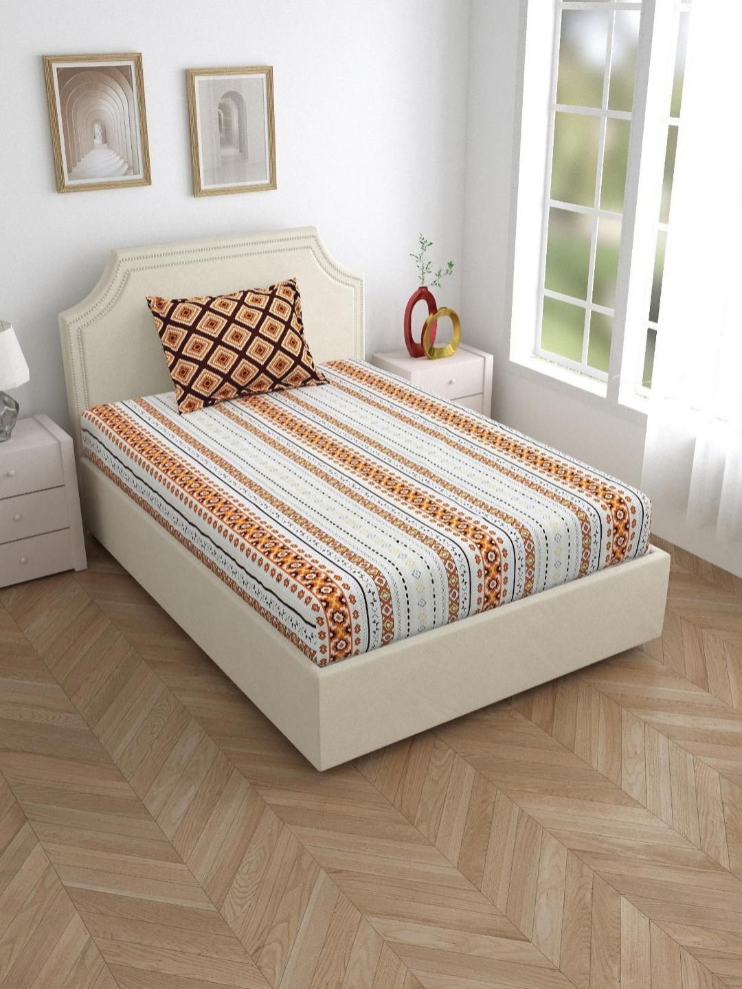 

Salona Bichona Brown Geometric Pure Cotton 120 TC Single Bedsheet with 1 Pillow Covers