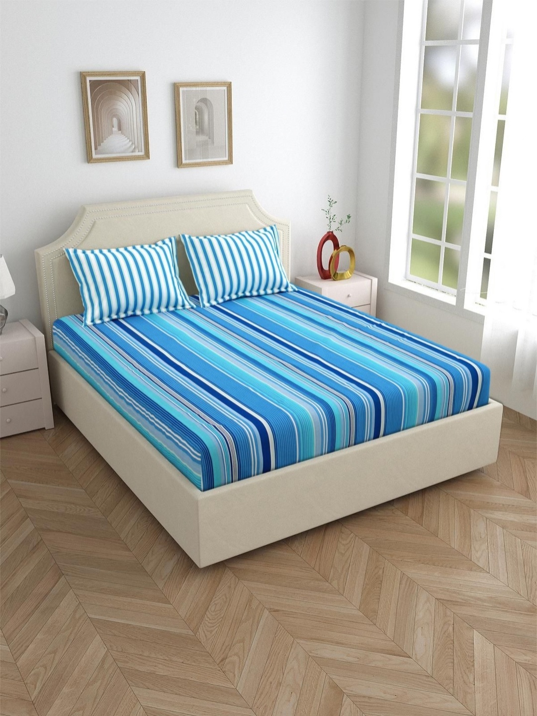 

Salona Bichona Blue Striped 120 TC Queen Bedsheet with 2 Pillow Covers