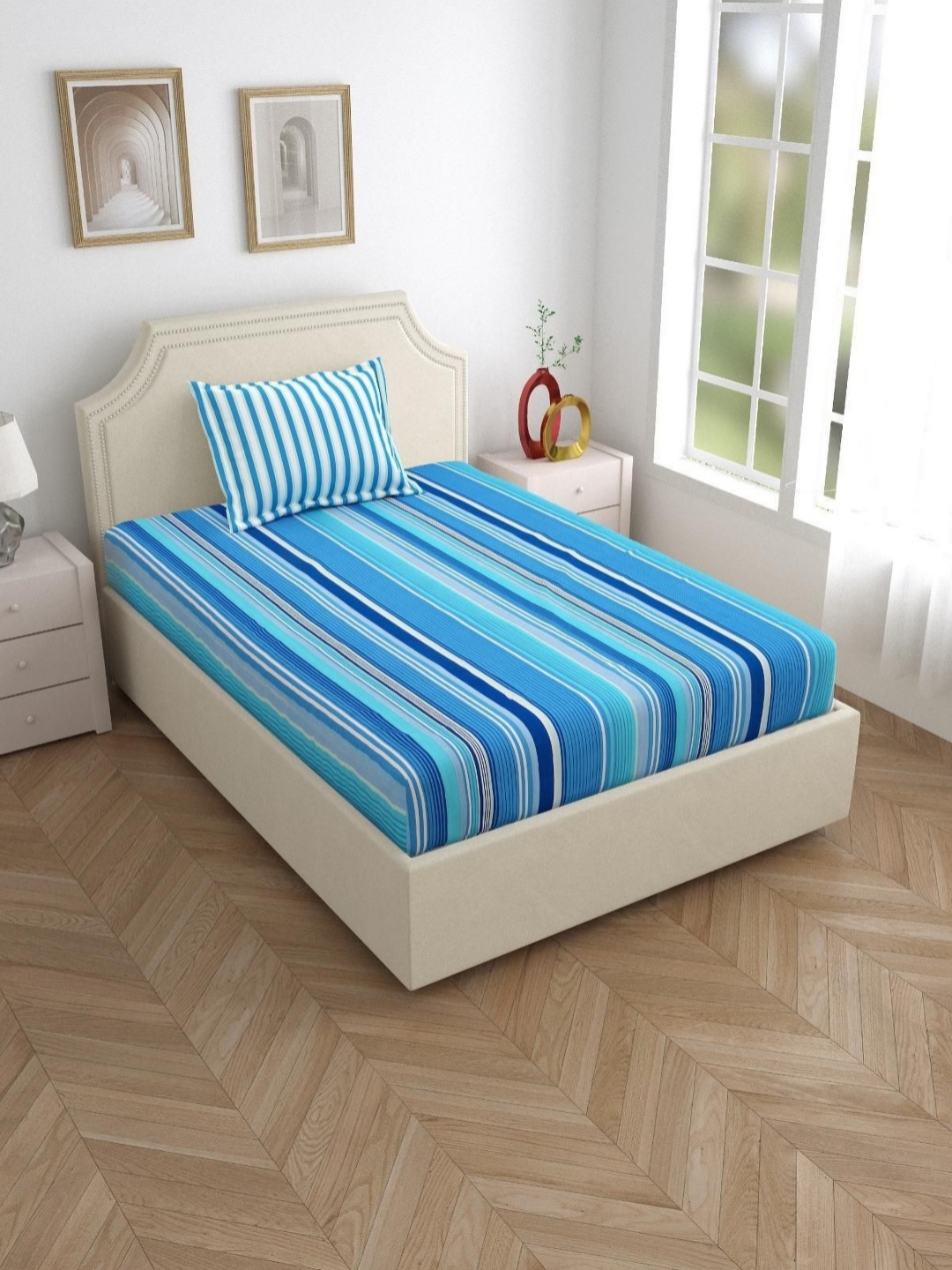 

Salona Bichona Blue Striped Pure Cotton 120 TC Single Bedsheet with 1 Pillow Covers