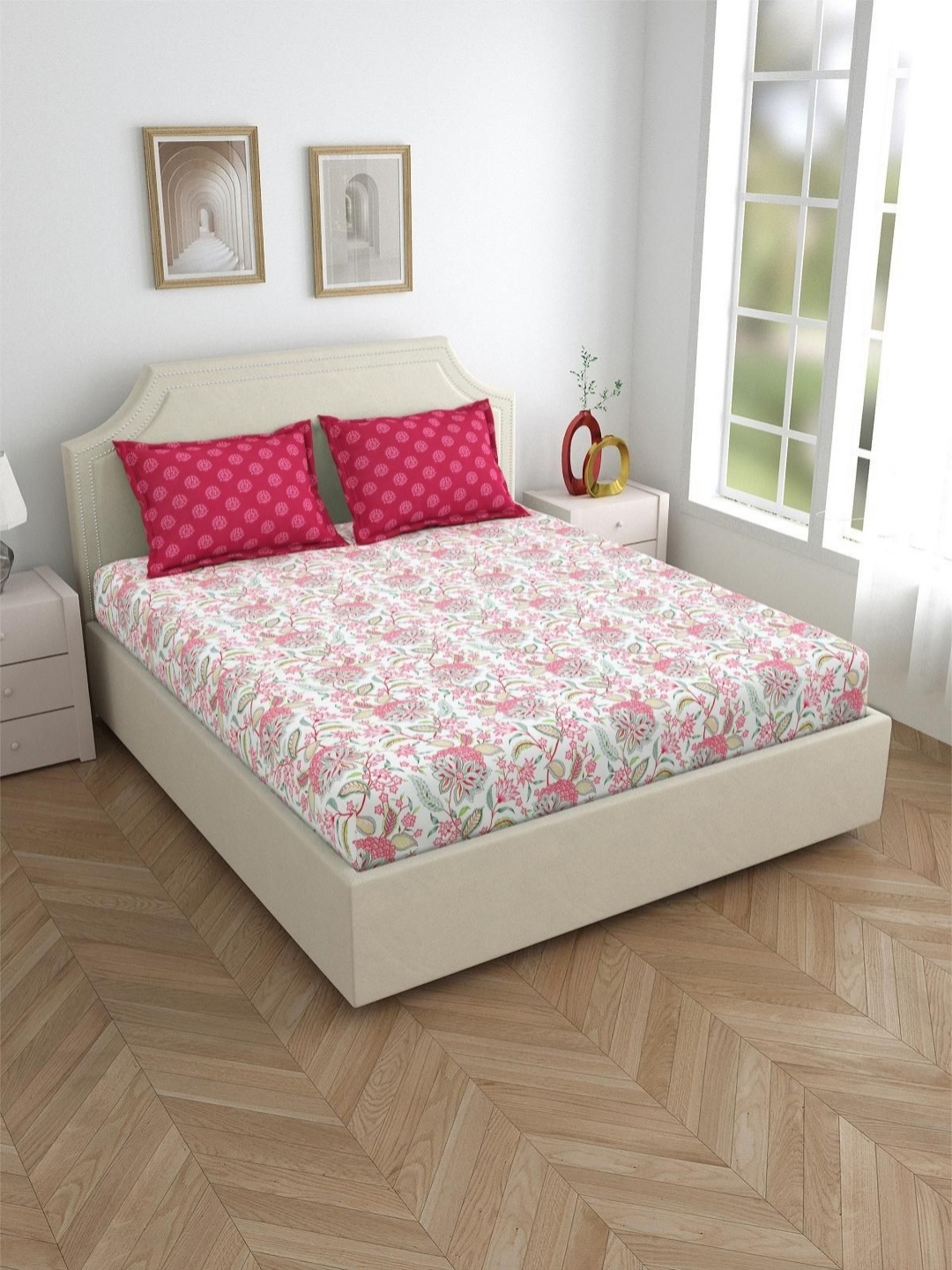 

Salona Bichona Pink & White Floral Pure Cotton 120 TC Queen Bedsheet with 2 Pillow Covers