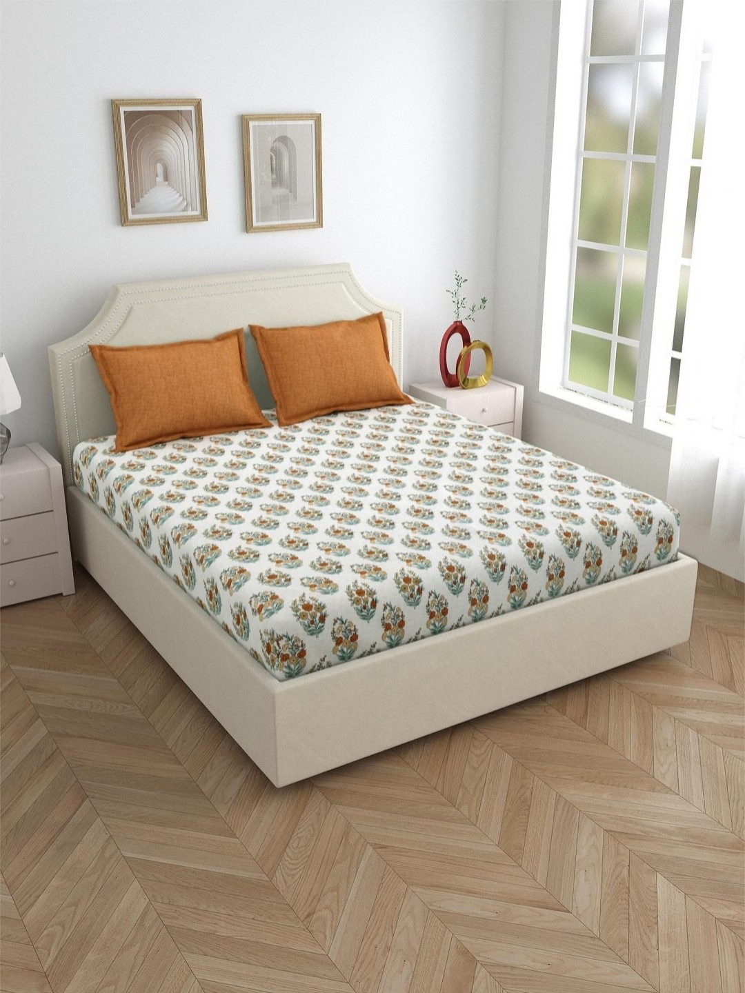 

Salona Bichona Brown & White Floral Pure Cotton 120 TC Queen Bedsheet with 2 Pillow Covers
