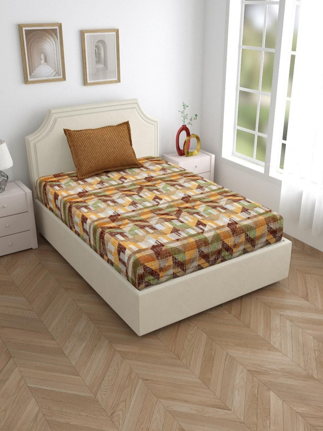 

Salona Bichona Brown Striped Pure Cotton 120 TC Single Bedsheet with 1 Pillow Covers