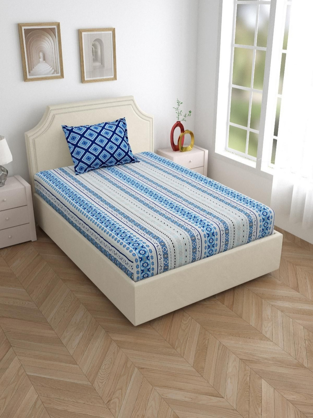 

Salona Bichona Blue Geometric Pure Cotton 120 TC Single Bedsheet with 1 Pillow Covers