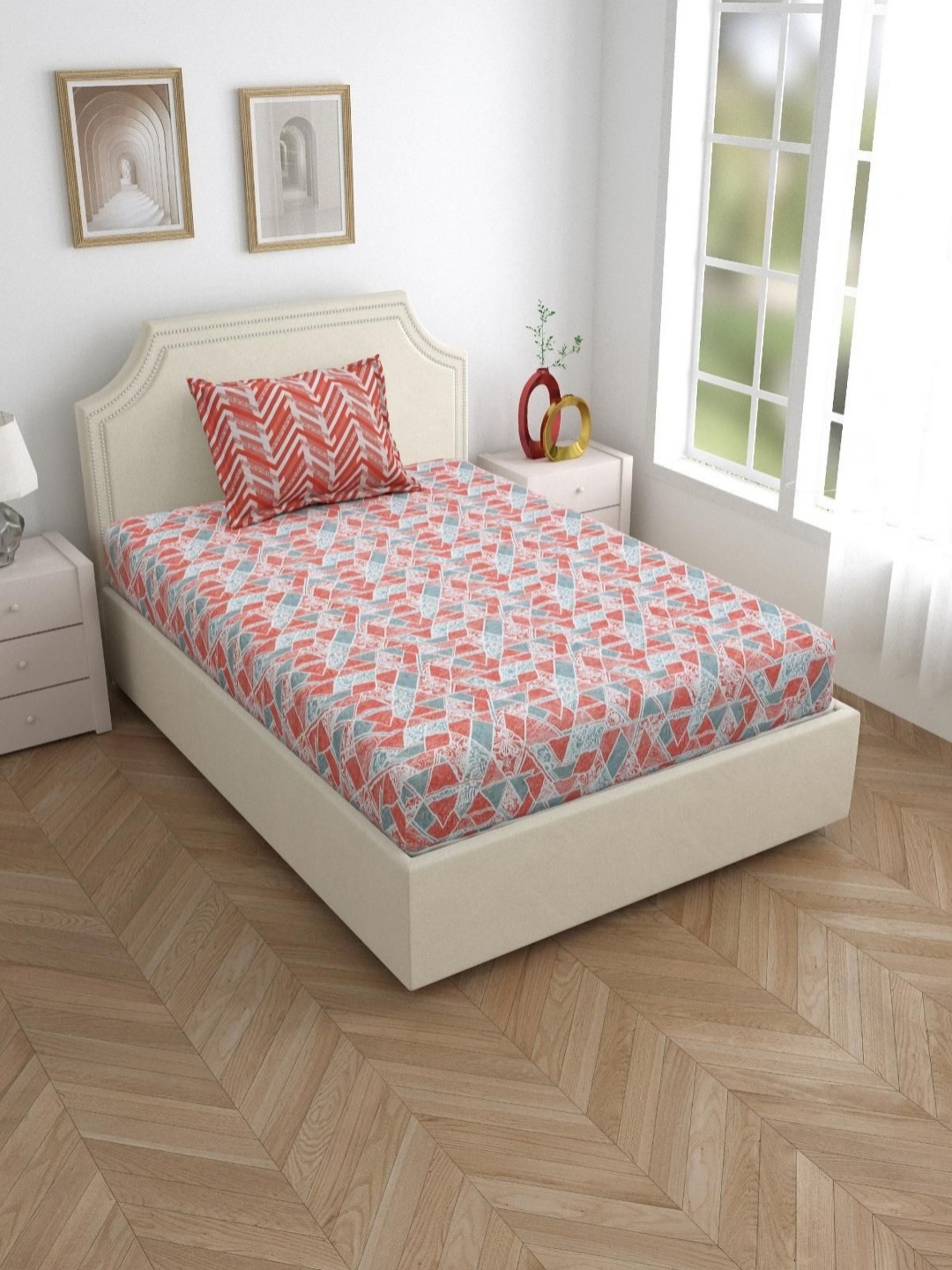 

Salona Bichona Pink Geometric Pure Cotton 120 TC Single Bedsheet with 1 Pillow Covers