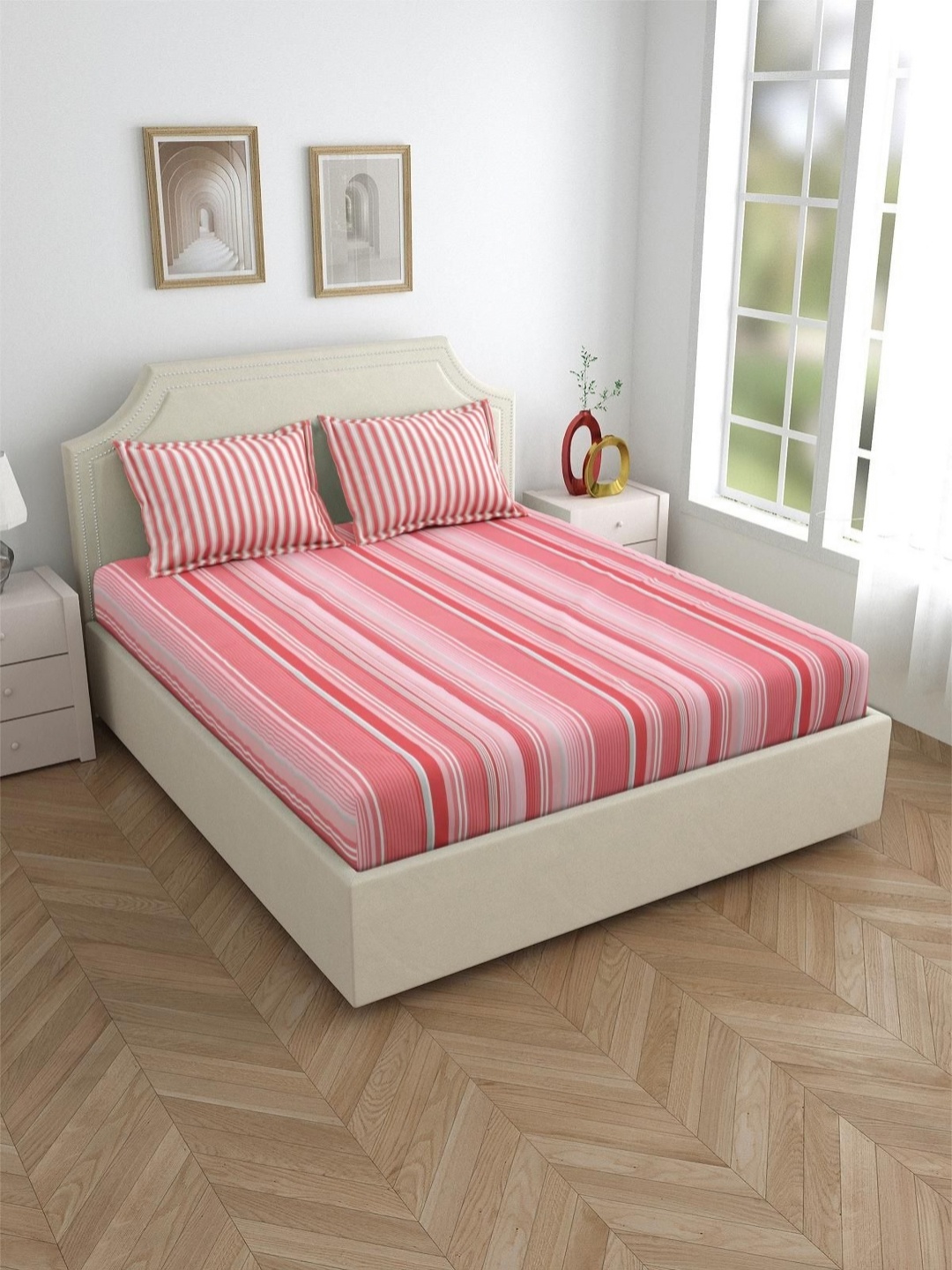 

Salona Bichona Pink & White Striped Pure Cotton 120 TC Queen Bedsheet with 2 Pillow Covers