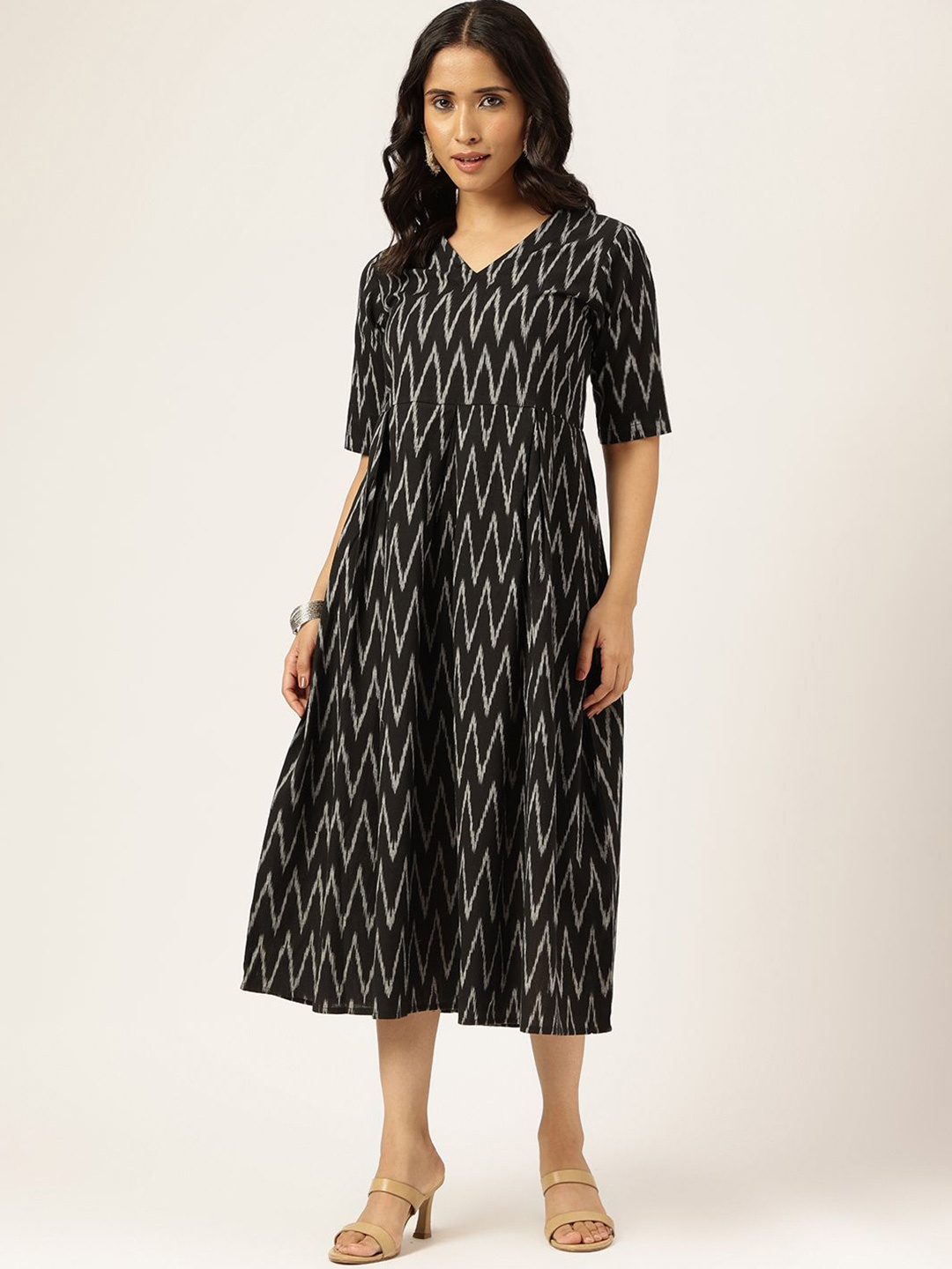 

SPARSA Pure Cotton A-Line Midi Dress, Black