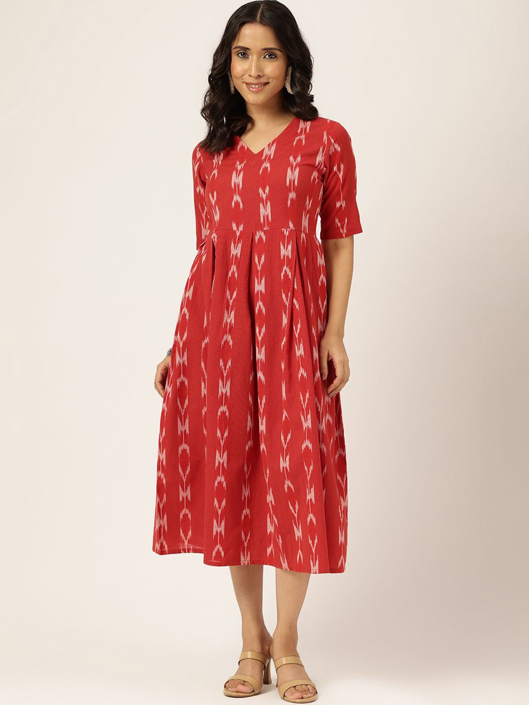 

SPARSA Ethnic Motifs Print Pure Cotton A-Line Midi Dress, Red