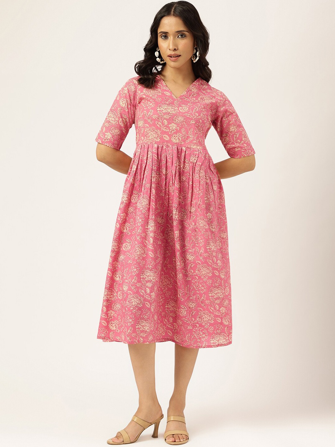

SPARSA Floral Print Cotton Fit & Flare Midi Dress, Pink