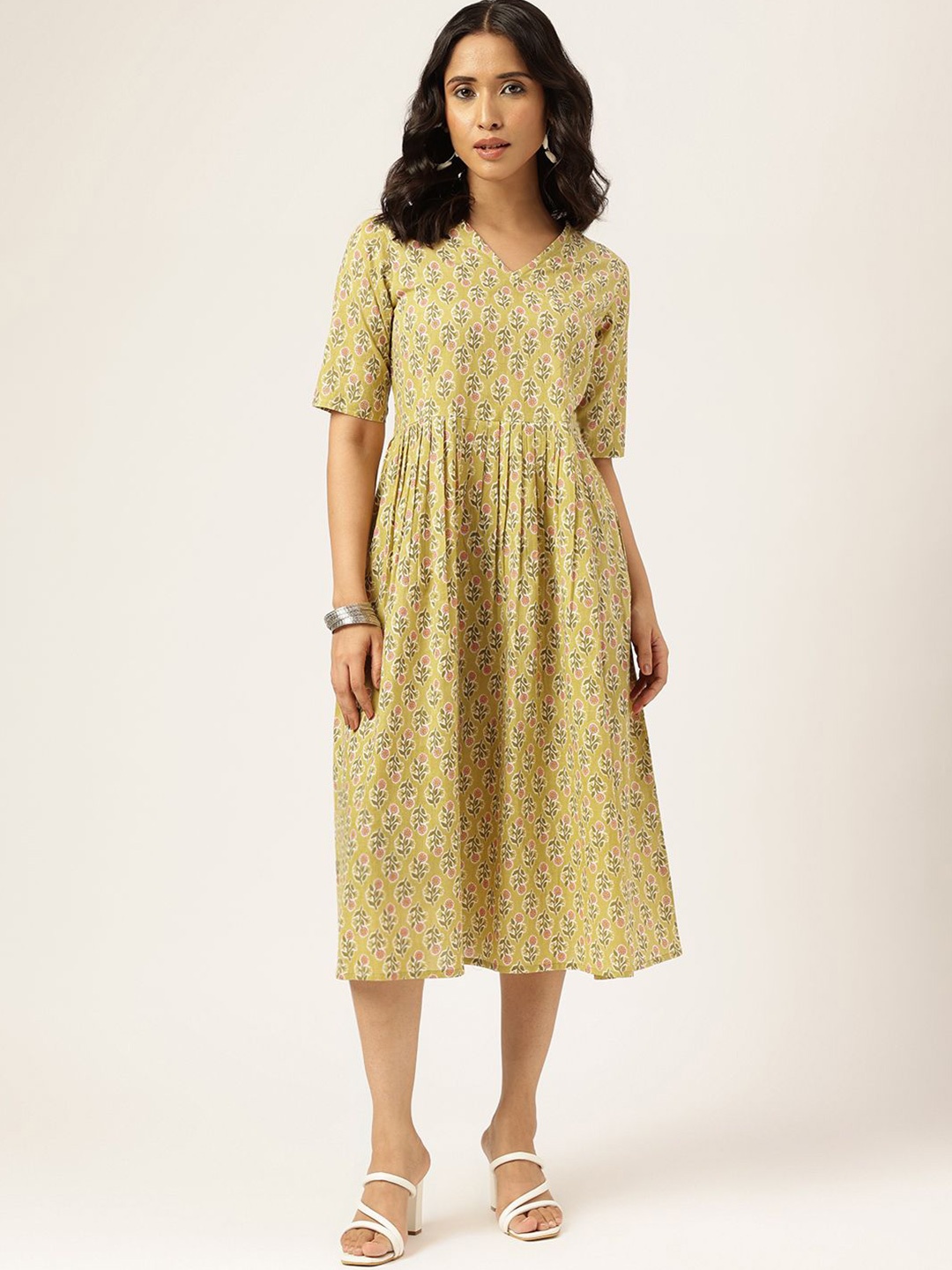 

SPARSA Floral Print A-Line Midi Dress, Yellow
