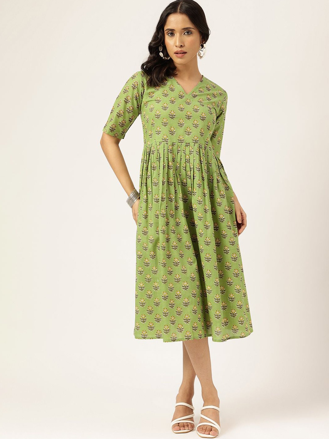 

SPARSA Floral Print Fit & Flare Midi Dress, Green