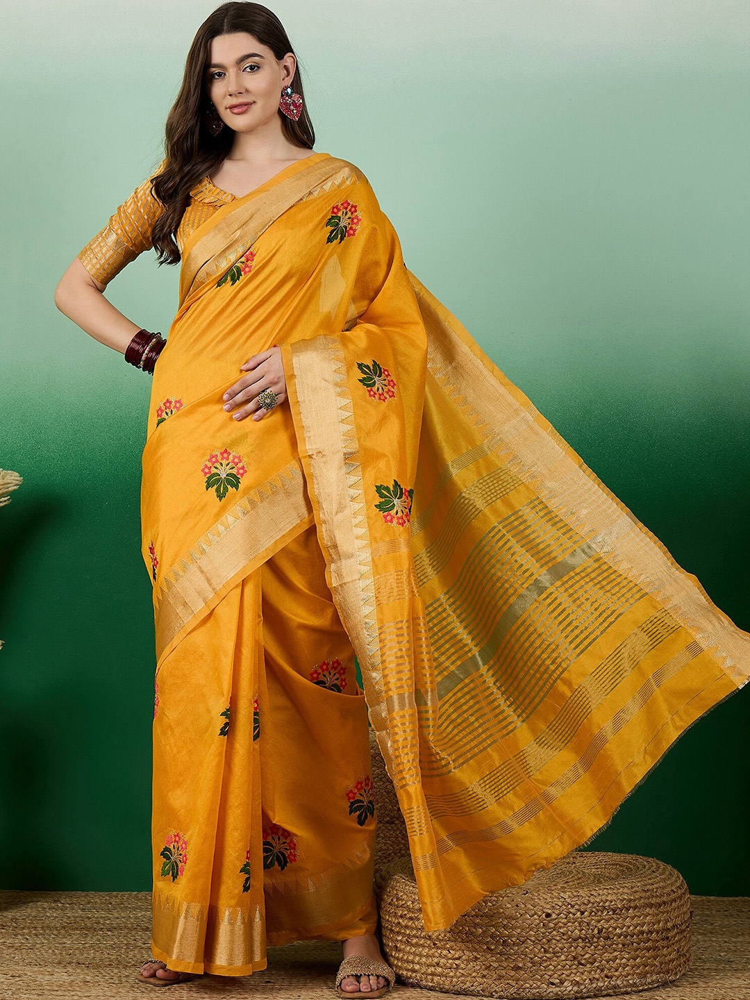 

SERONA FABRICS Ethnic Motifs Embroidered Zari Banarasi Saree, Yellow