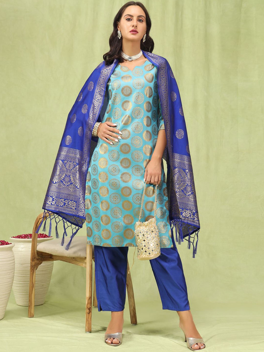 

VredeVogel Ethnic Motifs Woven Design Zari Straight Kurta With Trousers & Dupatta, Blue