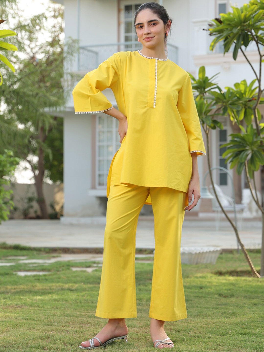 

JISORA Yellow Round Neck Top With Palazzos