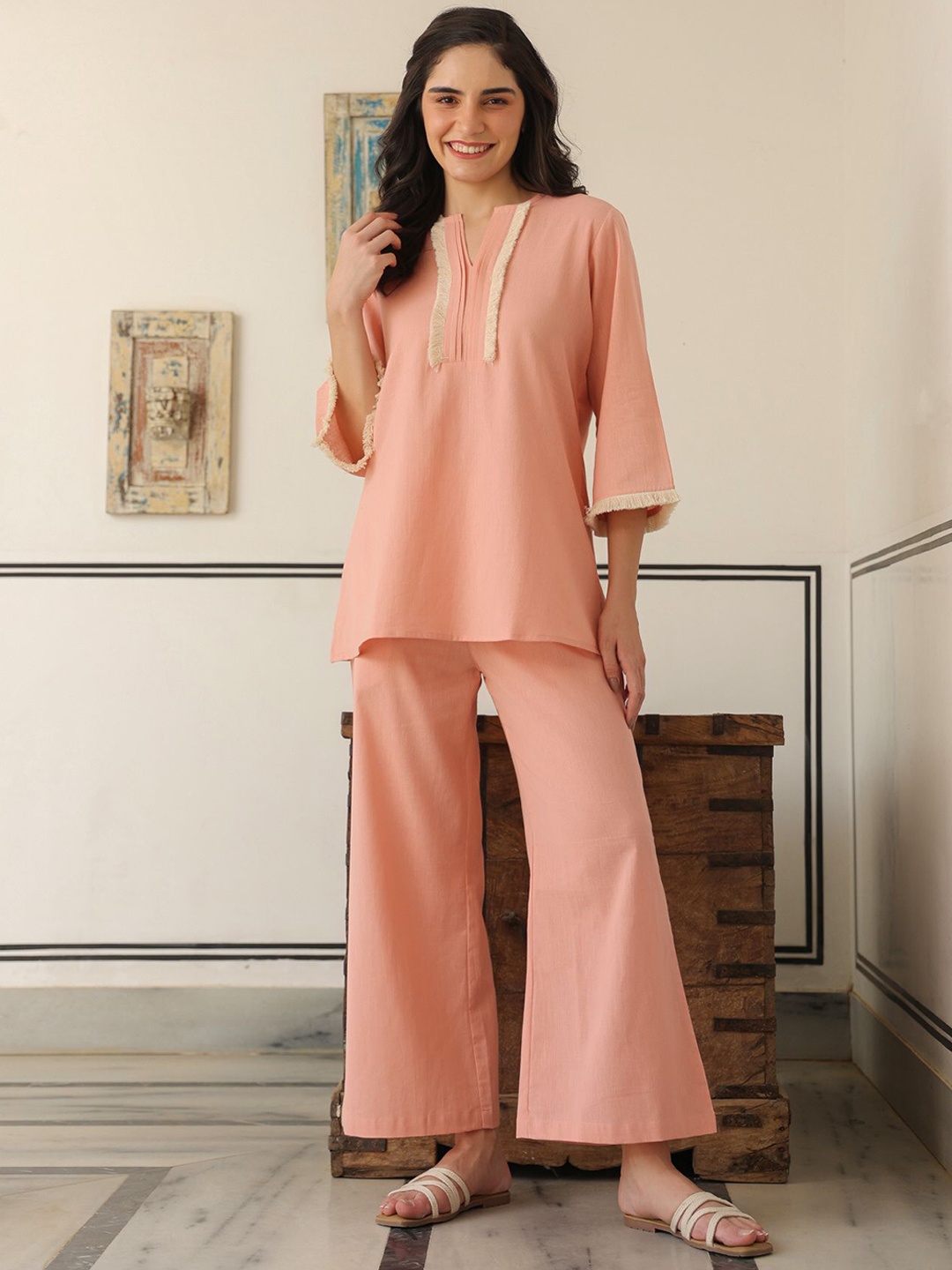 

JISORA Peach Coloured Self-Design V-Neck Pure Cotton Top With Palazzo
