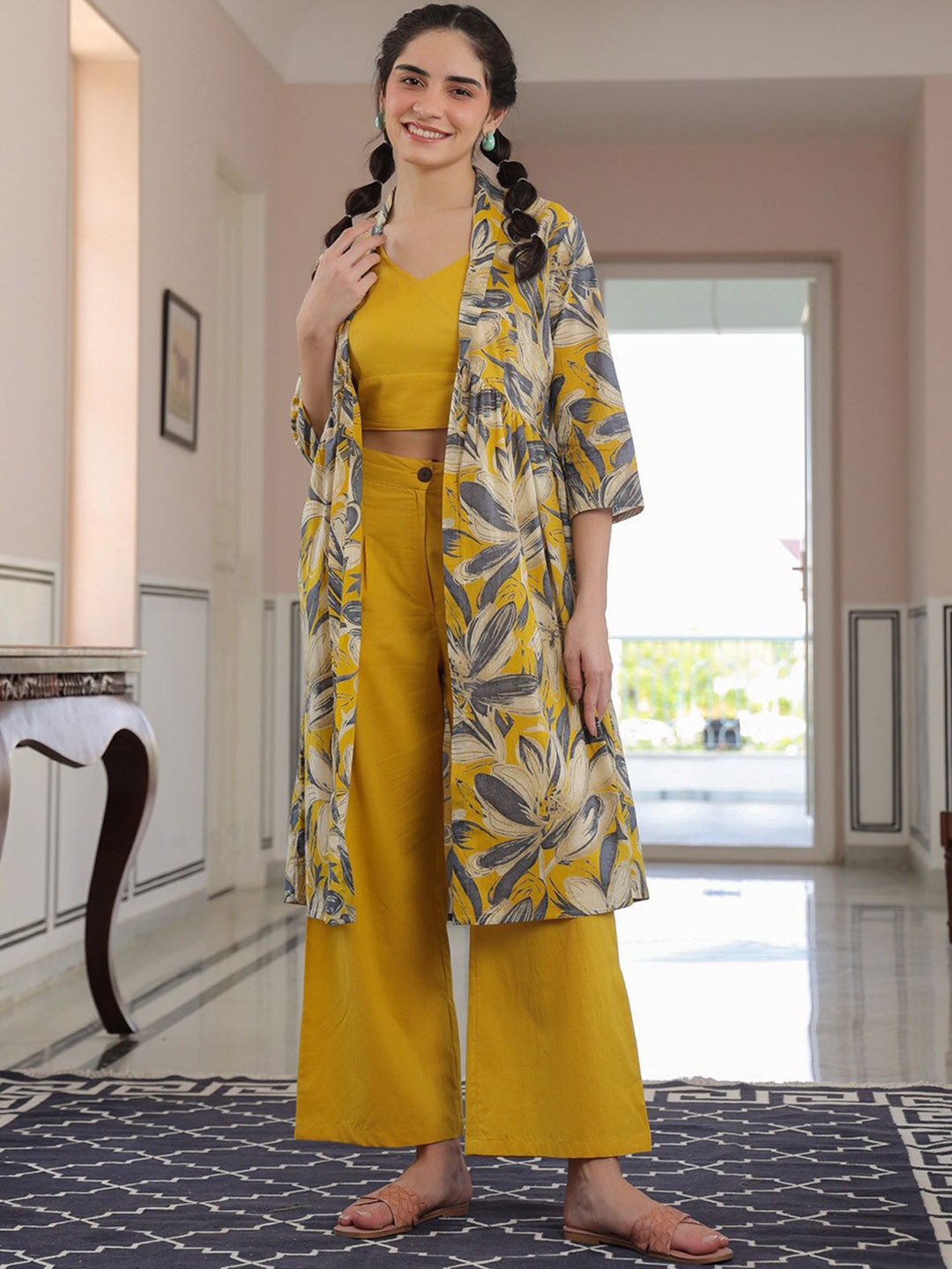 

JISORA Yellow & Grey Floral Printed Pure Cotton Shrug Top & Trouser