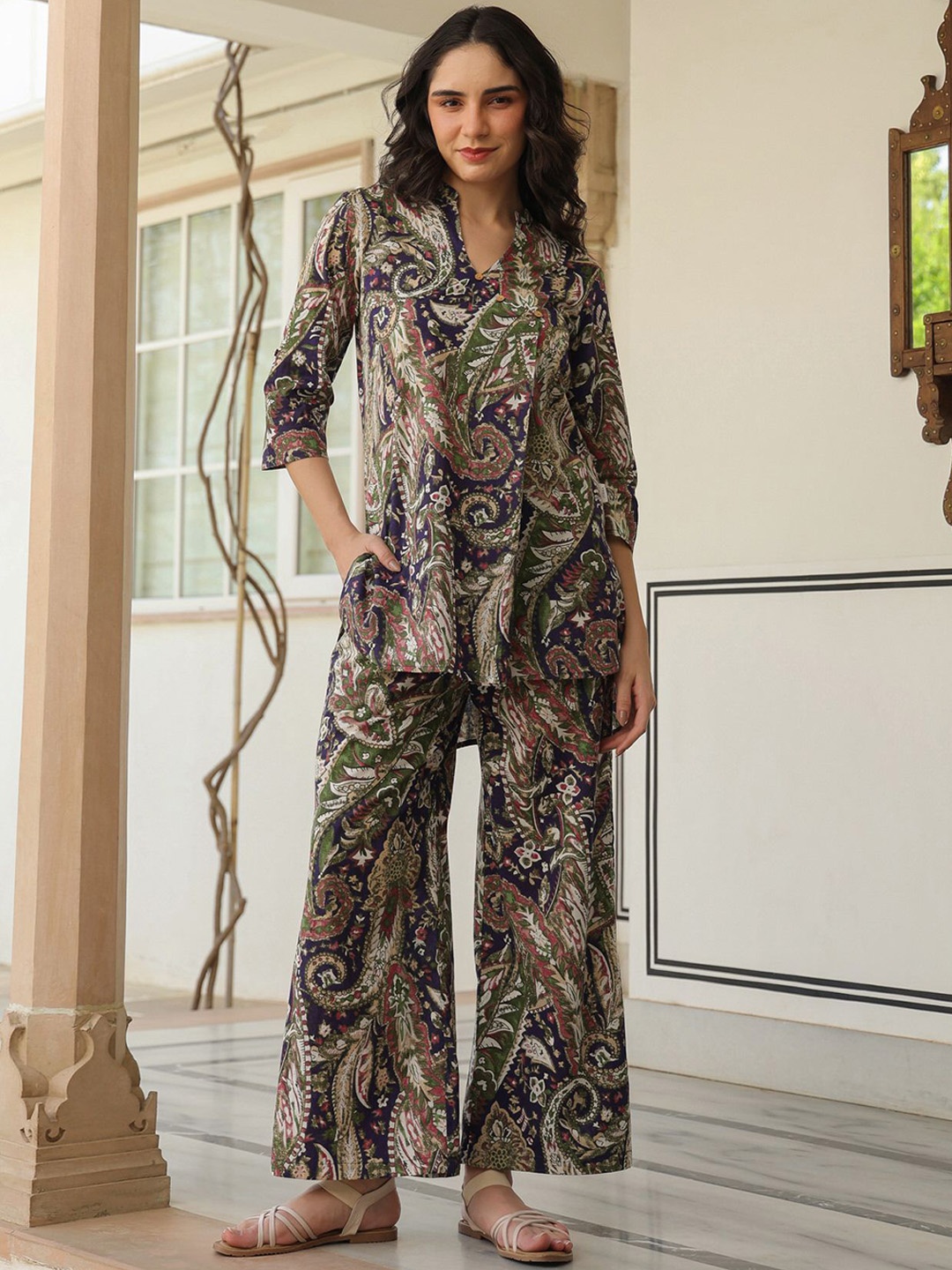 

JISORA Navy Blue & Green Printed Pure Cotton V Neck Top With Palazzos