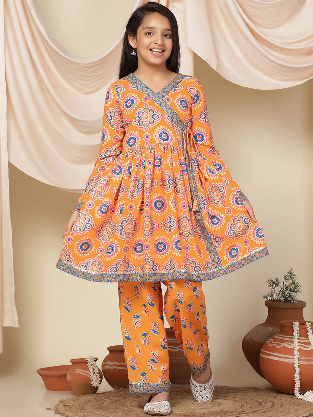 

FASHION DREAM Girls Floral Printed Angrakha Anarkali Kurta With Trouser, Orange