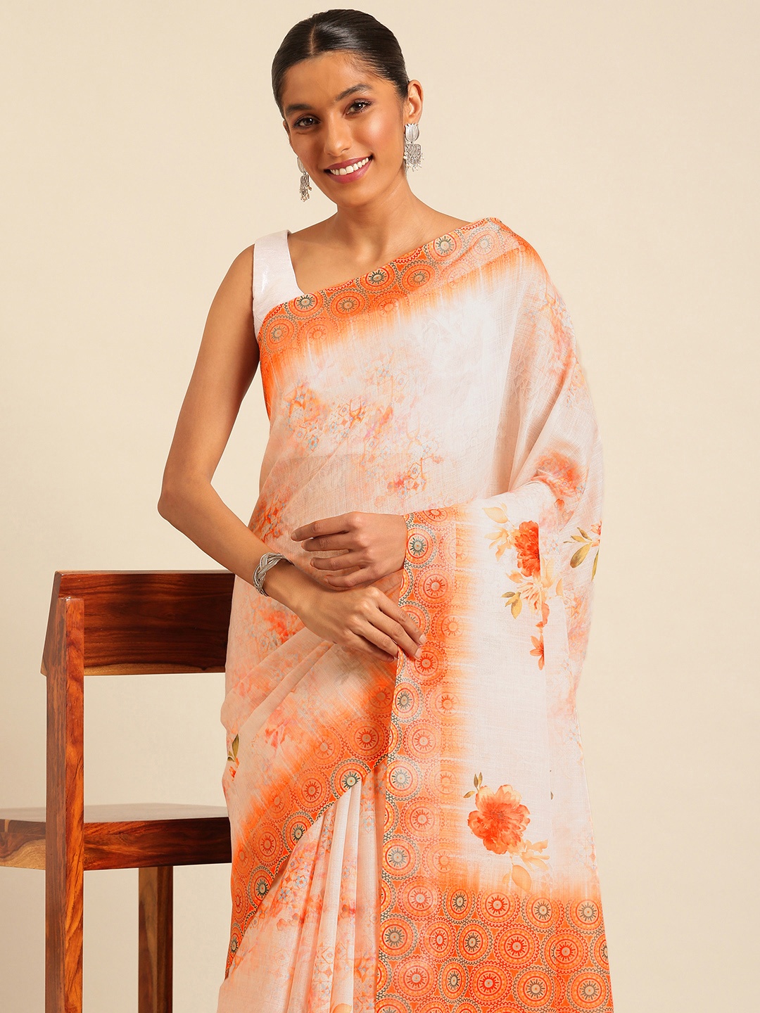 

Kalyan Silks Printed Dabu Saree, Cream