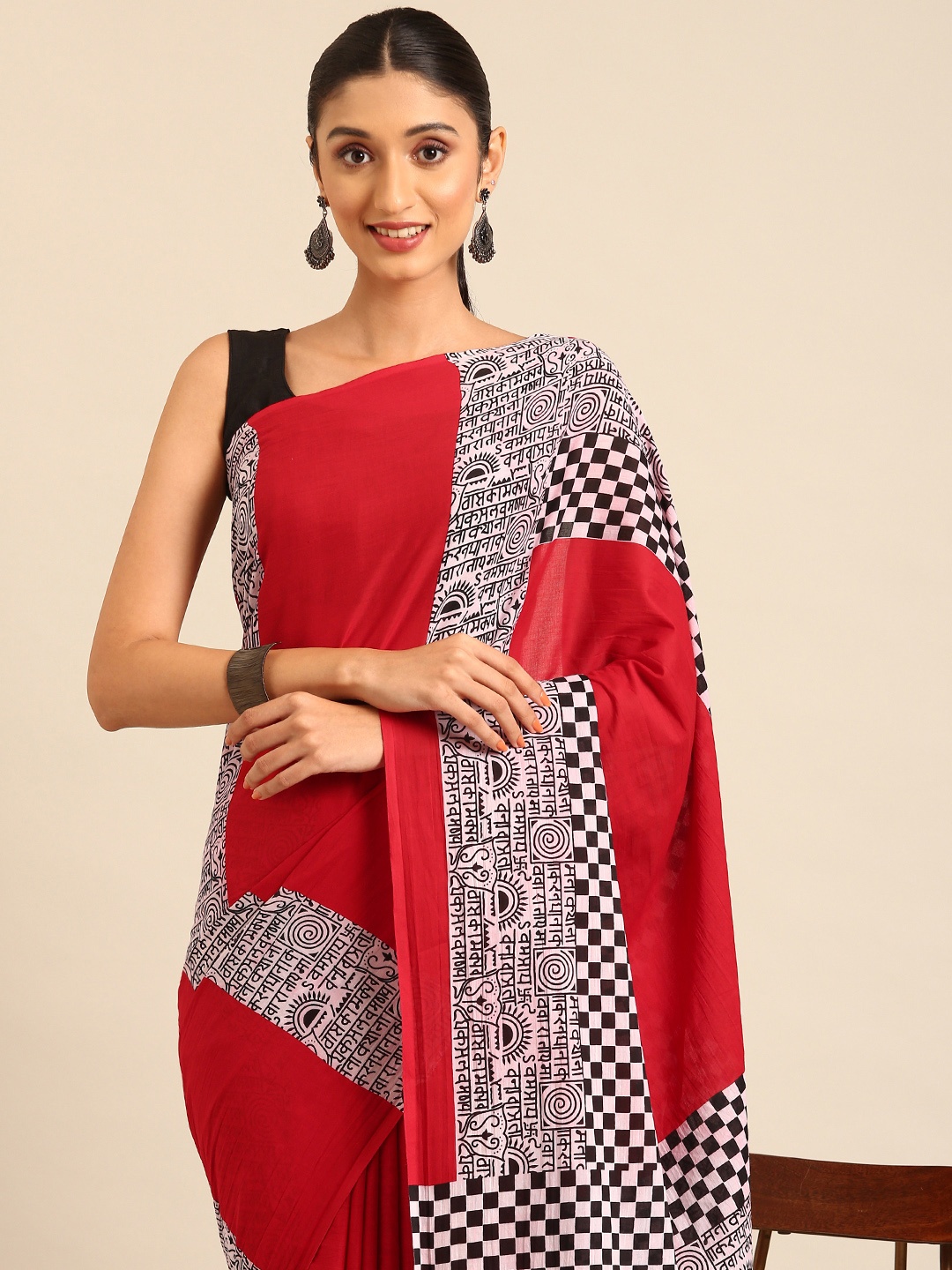 

Kalyan Silks Checked Pure Cotton Bhagalpuri Saree, Red