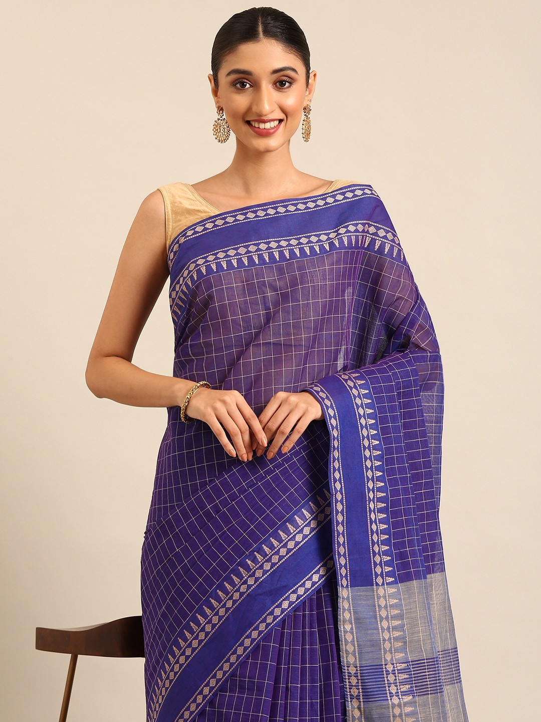 

Kalyan Silks Checked Pure Cotton Chettinad Saree, Navy blue
