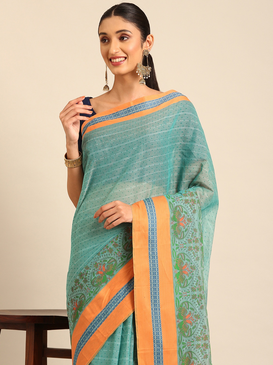 

Kalyan Silks Polka Dot Pure Cotton Chettinad Saree, Blue