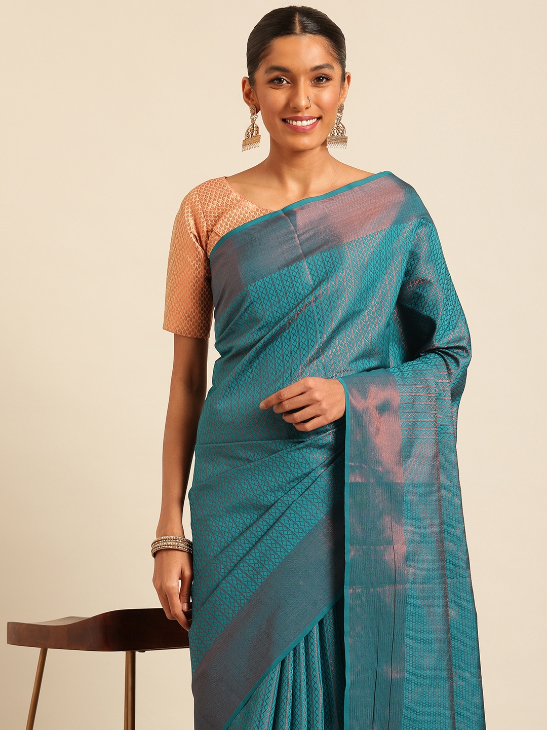 

Kalyan Silks Copper Zari Work Zig Zag Design Bomkai Silk, Blue
