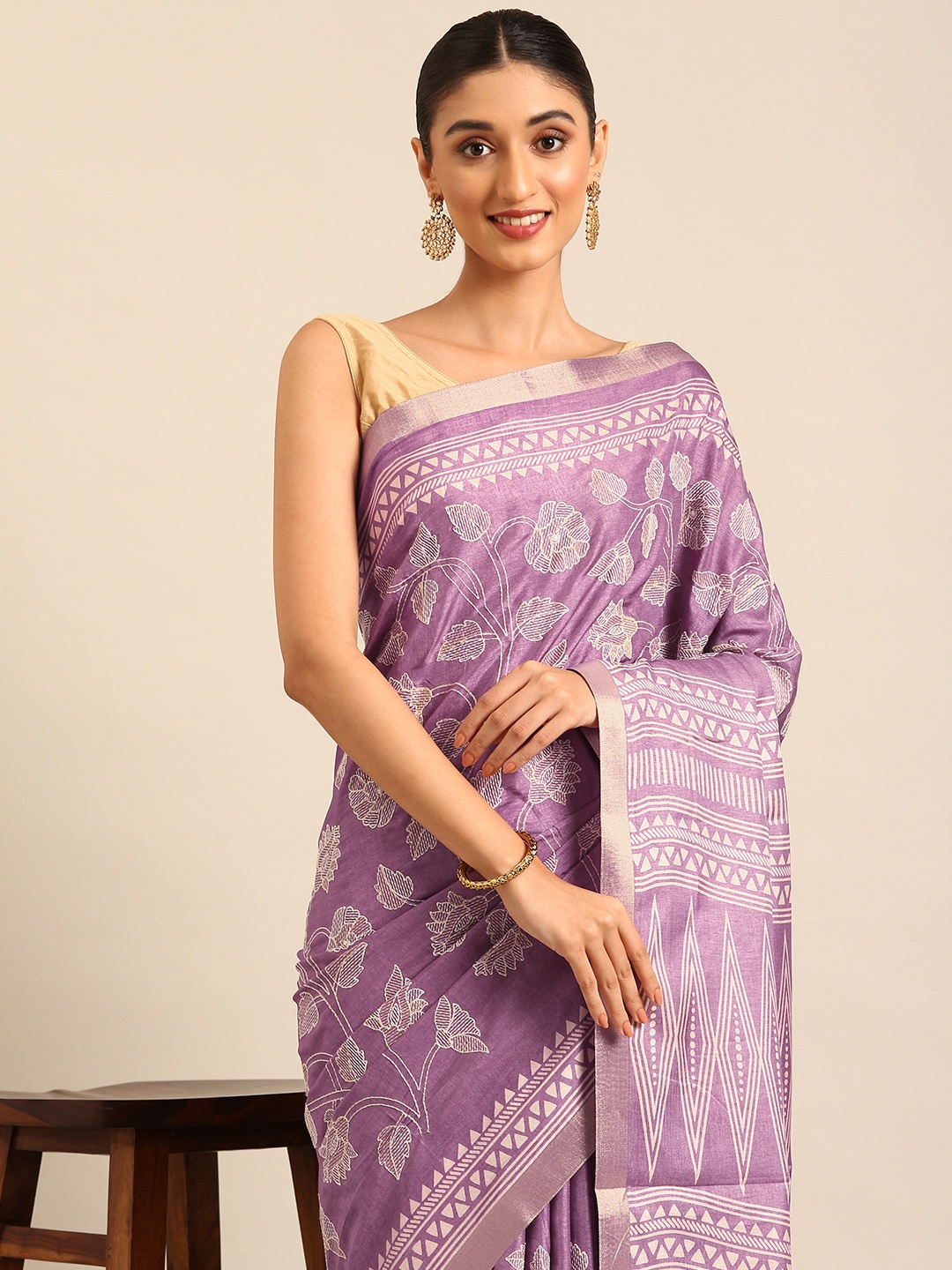 

Kalyan Silks Floral Kantha Work Jute Silk Saree, Lavender