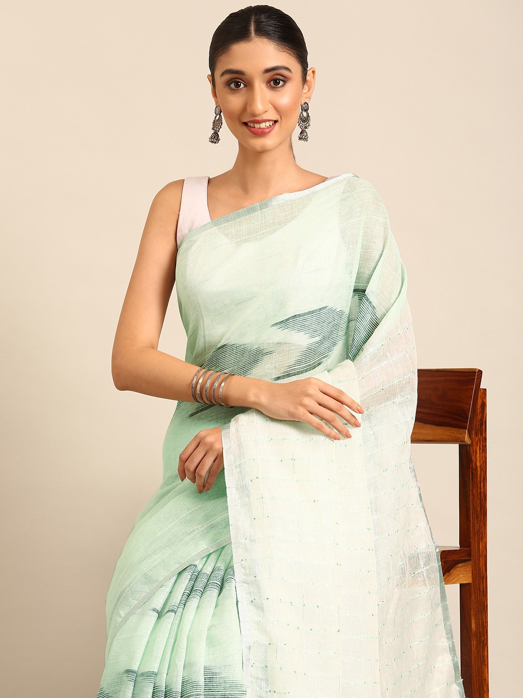 

Kalyan Silks Pure Linen Ikat Saree, Green