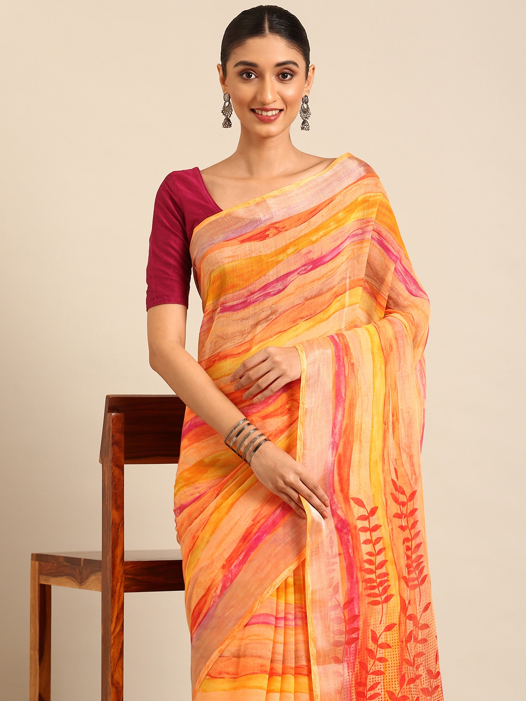

Kalyan Silks Leheriya Linen Blend Saree, Orange