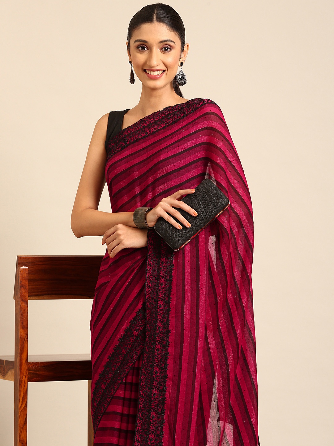 

Kalyan Silks Striped Beads & Stones Pure Georgette Saree, Red
