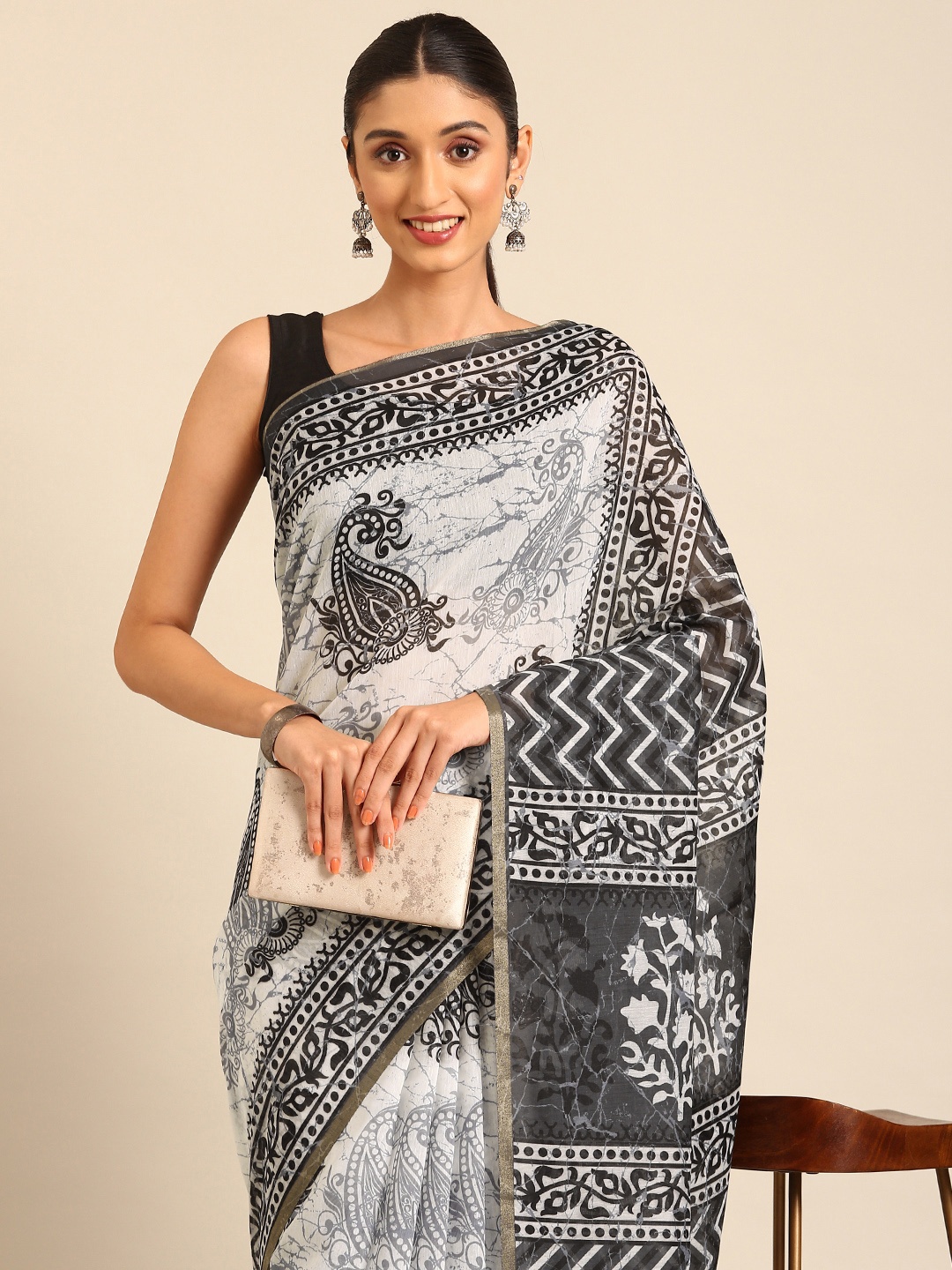 

Kalyan Silks Ajrak Block Bagru Saree, White