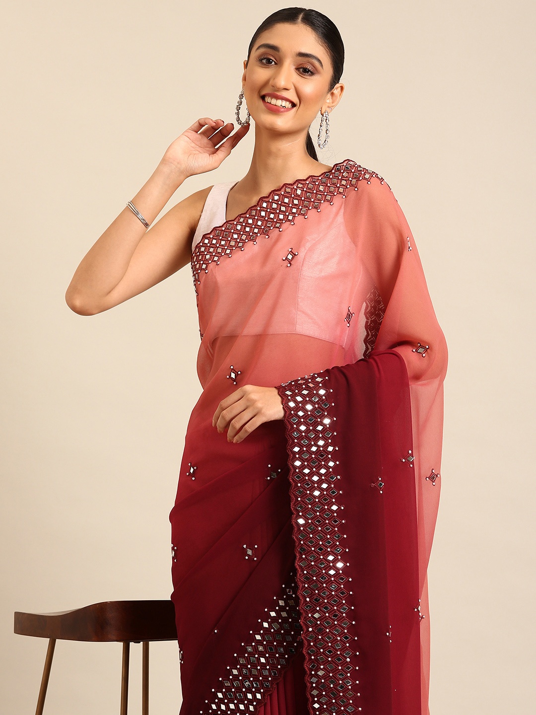 

Kalyan Silks Ombre Mirror Work Saree, Maroon
