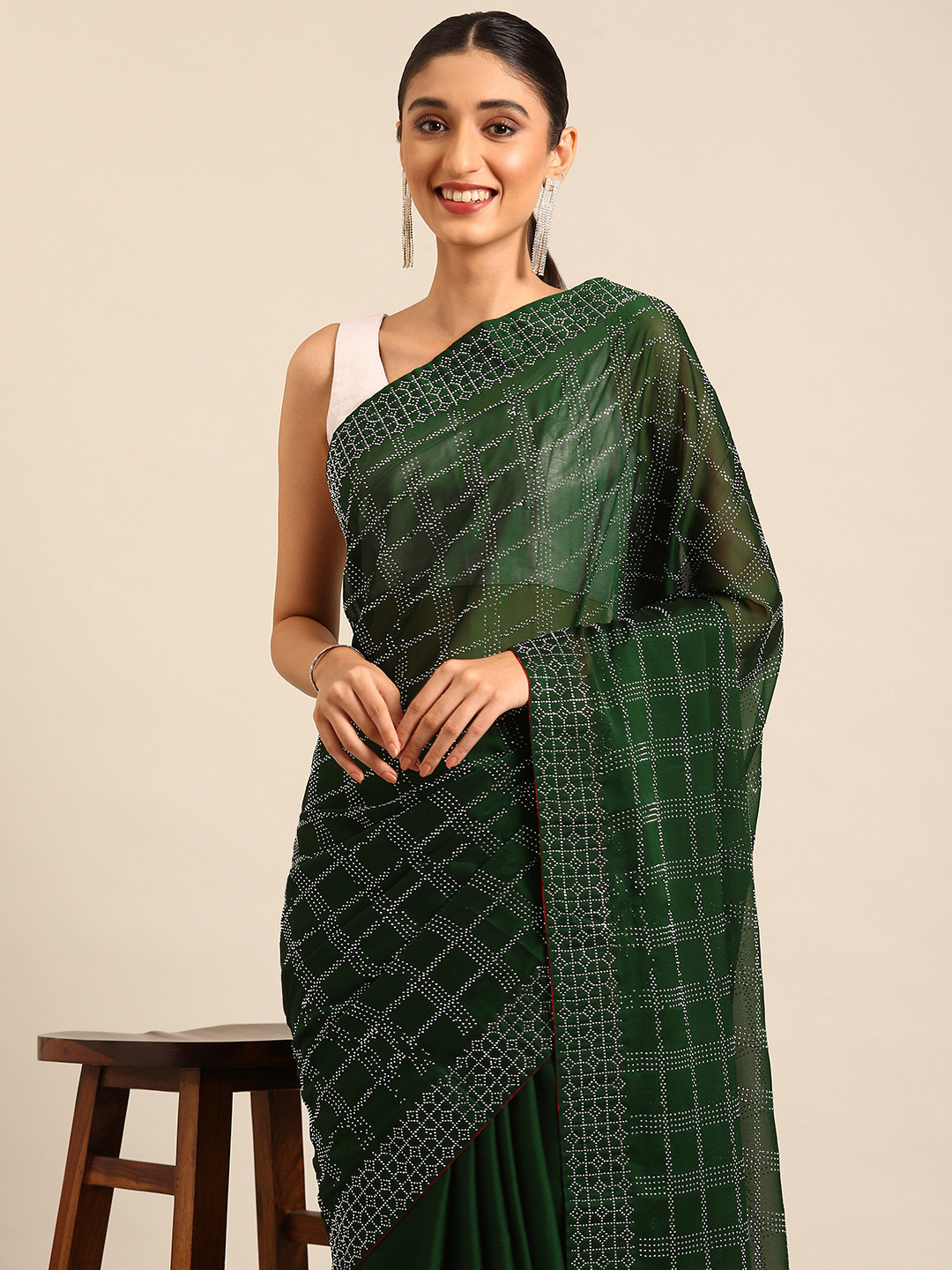 

Kalyan Silks Checked Beads & Stones Saree, Green