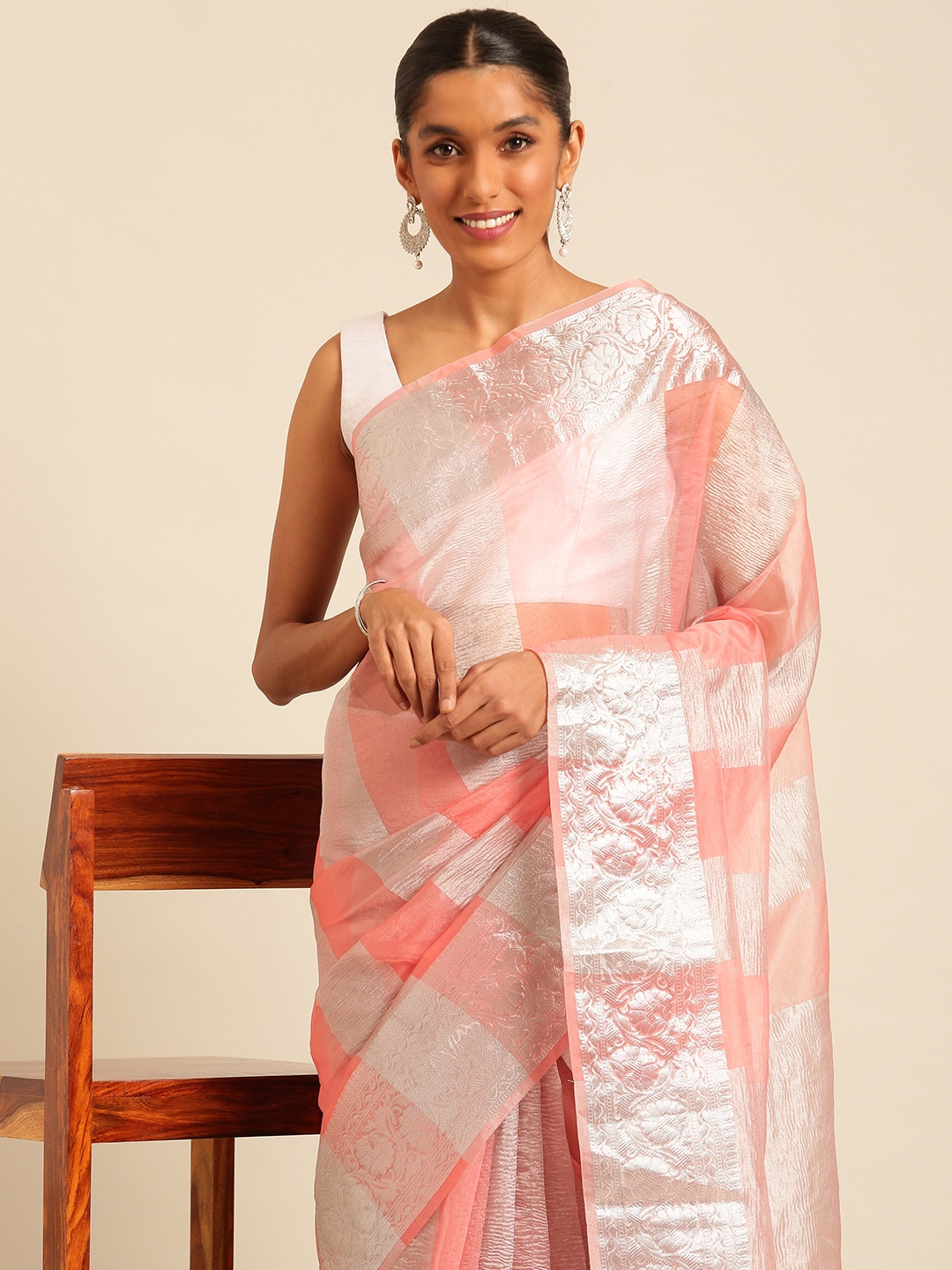 

Kalyan Silks Striped Zari Detail Plain Border Saree, Peach