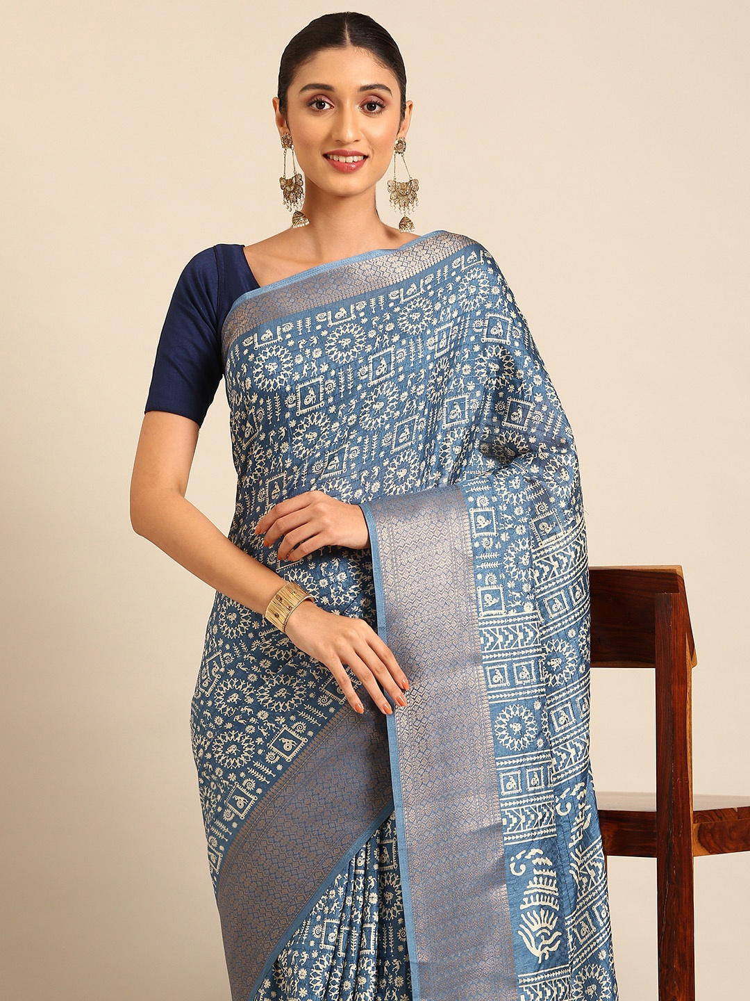 

Kalyan Silks Warli Sequinned Saree, Blue