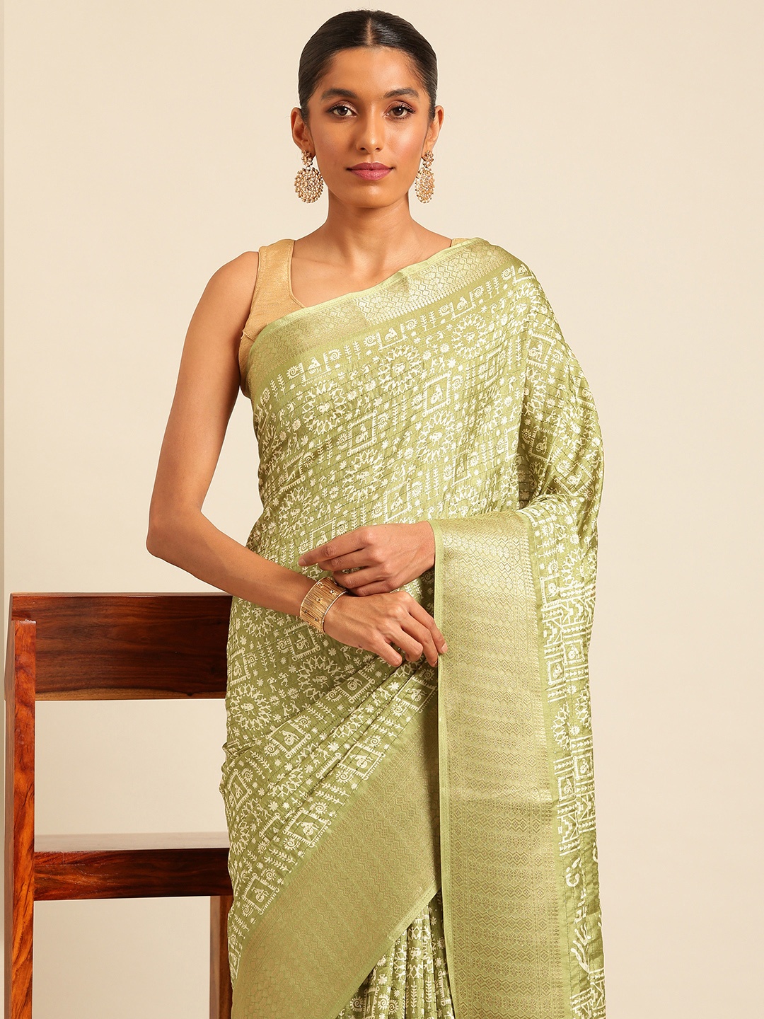 

Kalyan Silks Warli Printed Saree, Green