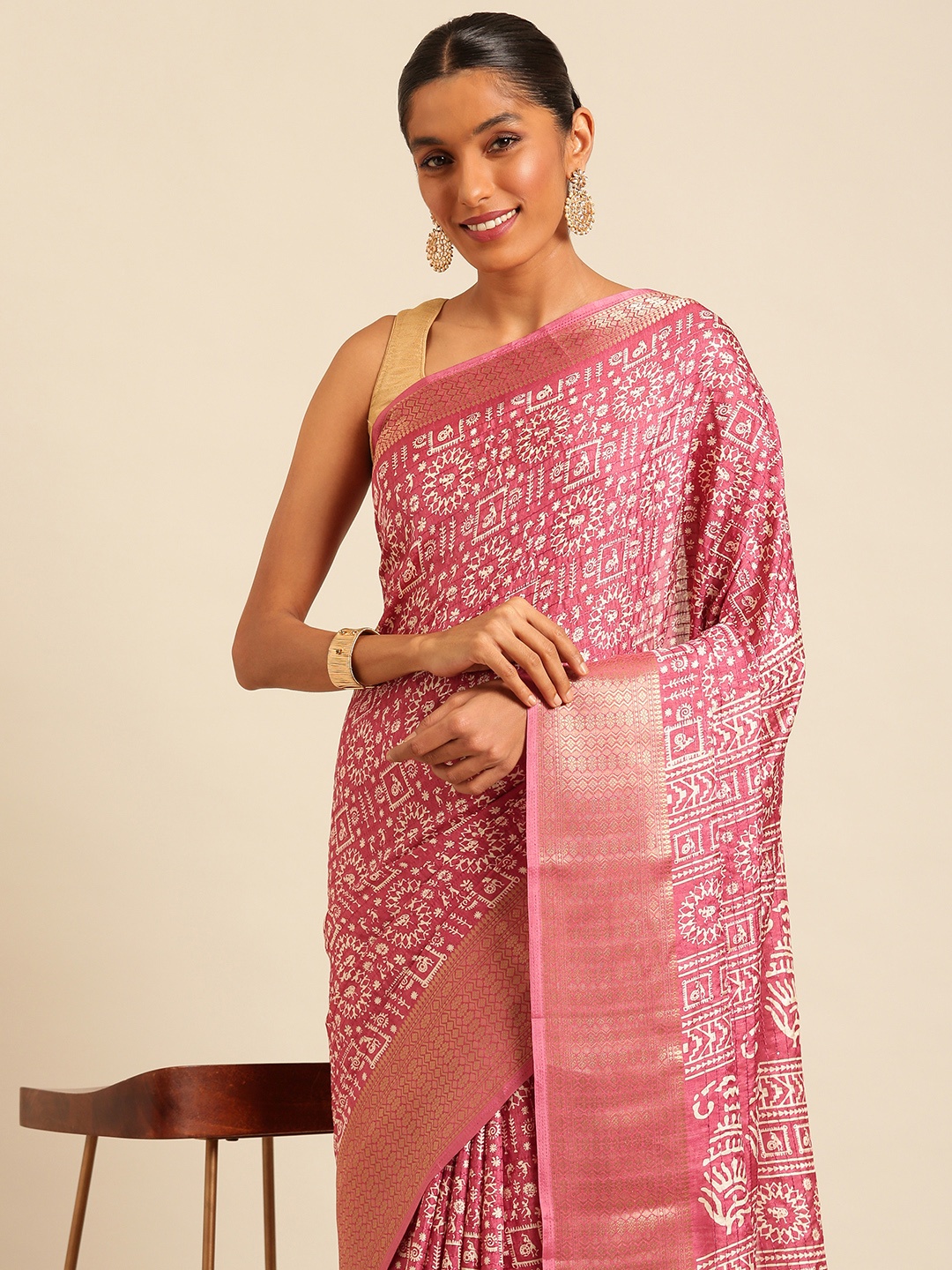 

Kalyan Silks Warli Print Sequinned Saree, Pink