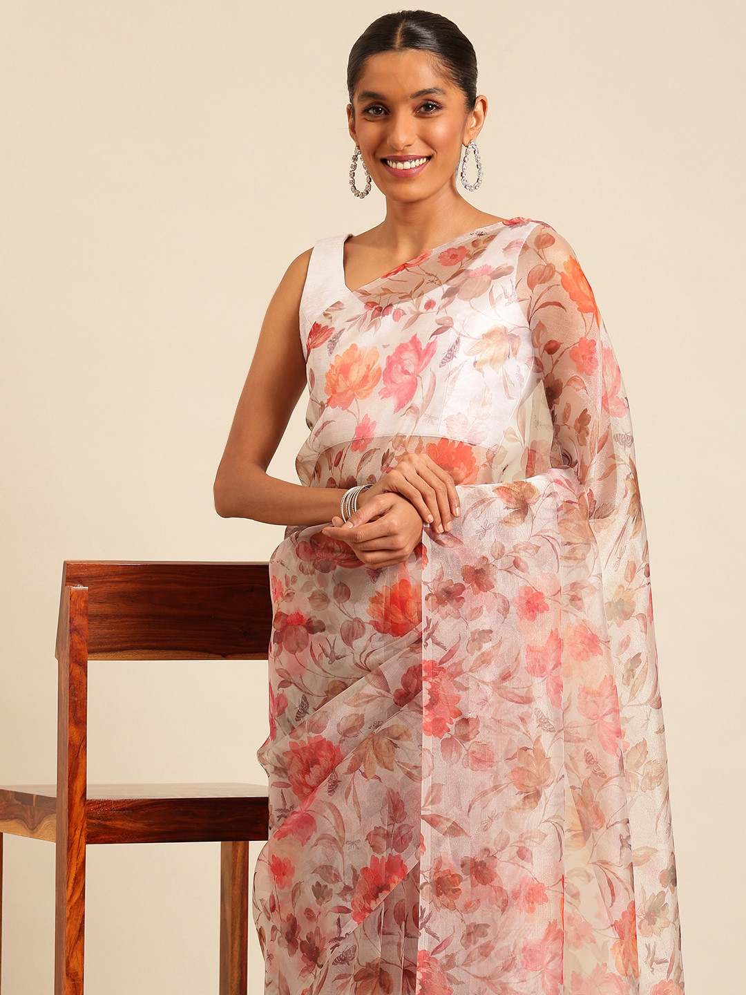 

Kalyan Silks Floral Organza Saree, Off white