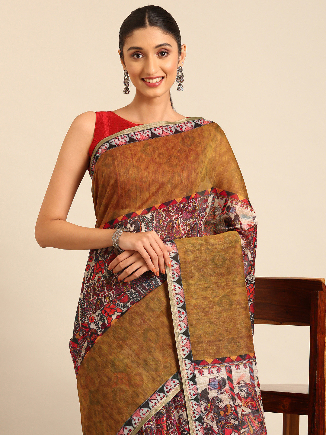 

Kalyan Silks Ajrak Block Bagru Saree, Mustard