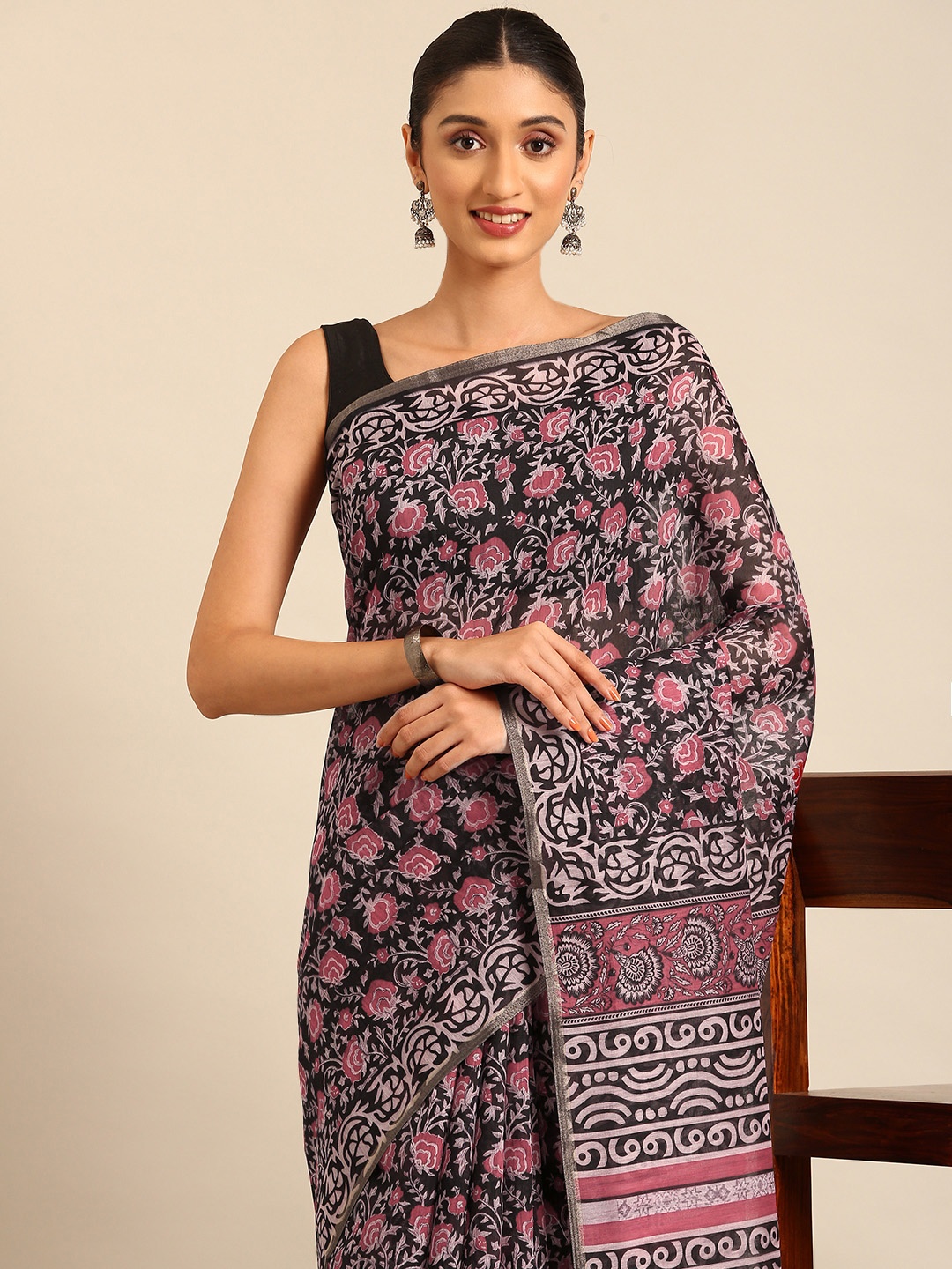 

Kalyan Silks Kalamkari Bagru Saree, Black