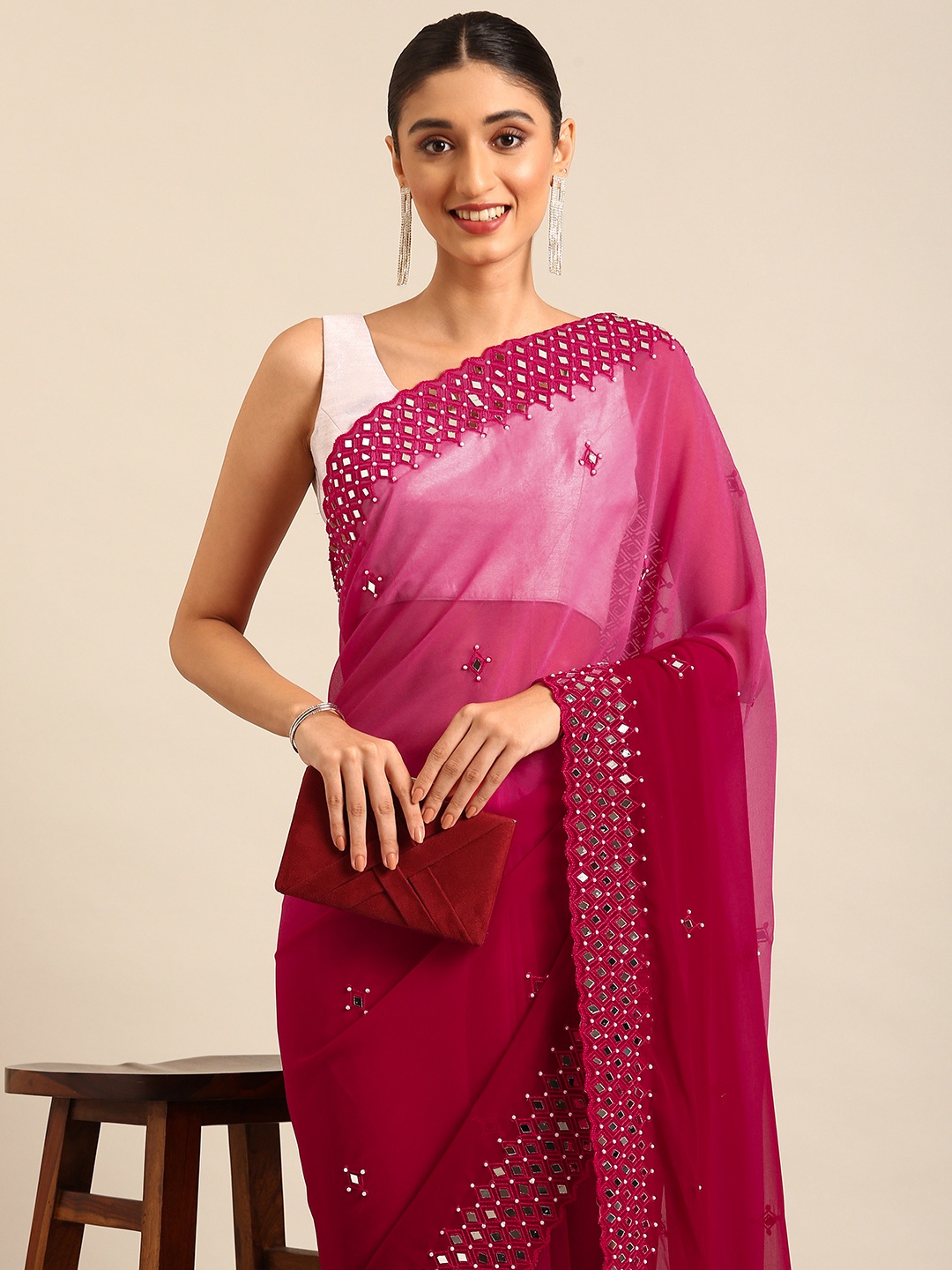 

Kalyan Silks Ombre Mirror Work Saree, Red