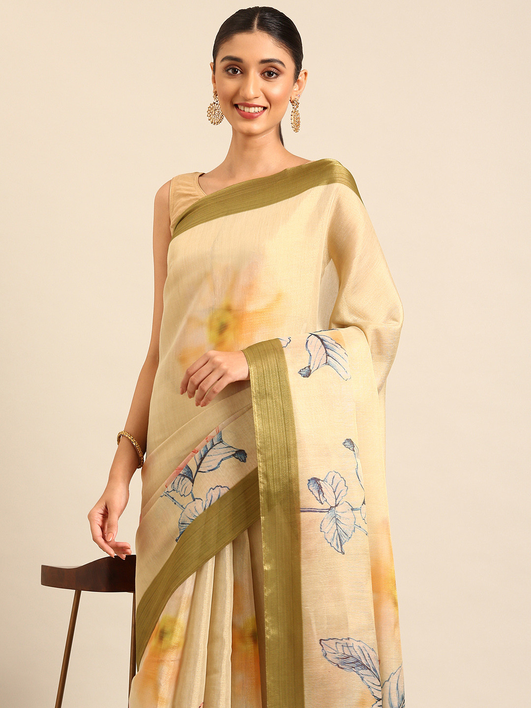 

Kalyan Silks Floral Zari Tissue Taant Saree, Gold