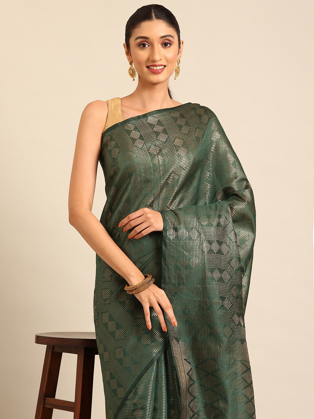 

Kalyan Silks Diamond Zari Design Kasavu Saree, Green