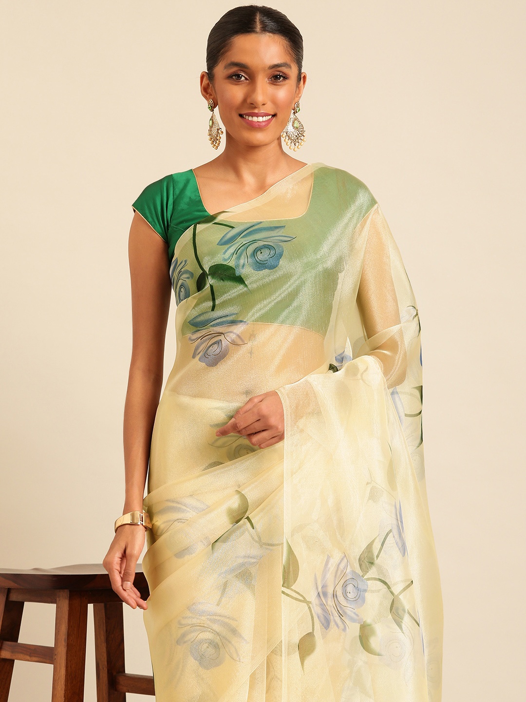 

Kalyan Silks Floral Print Organza Saree, Cream