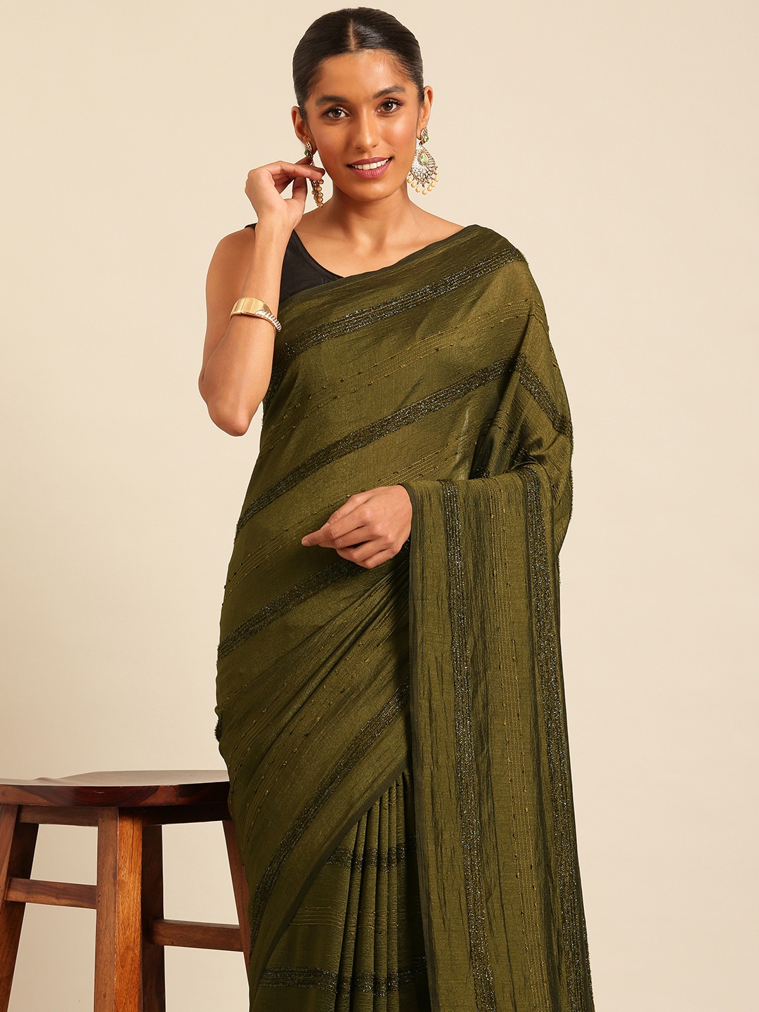 

Kalyan Silks Striped Saree, Olive